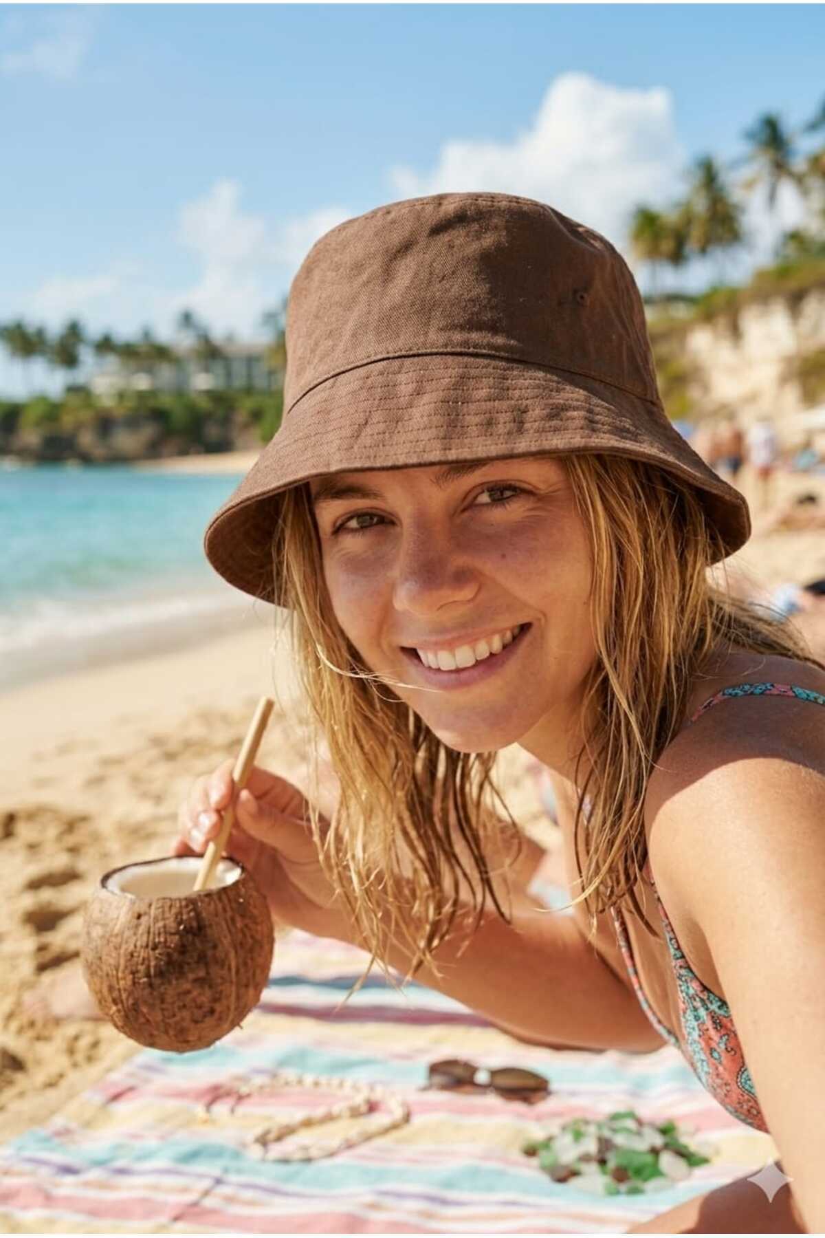 Betülce Unisex Bucket Balıkçı Şapka, Açık Bej, Katlanabilir, Dört Mevsim Kullanım görsel 2