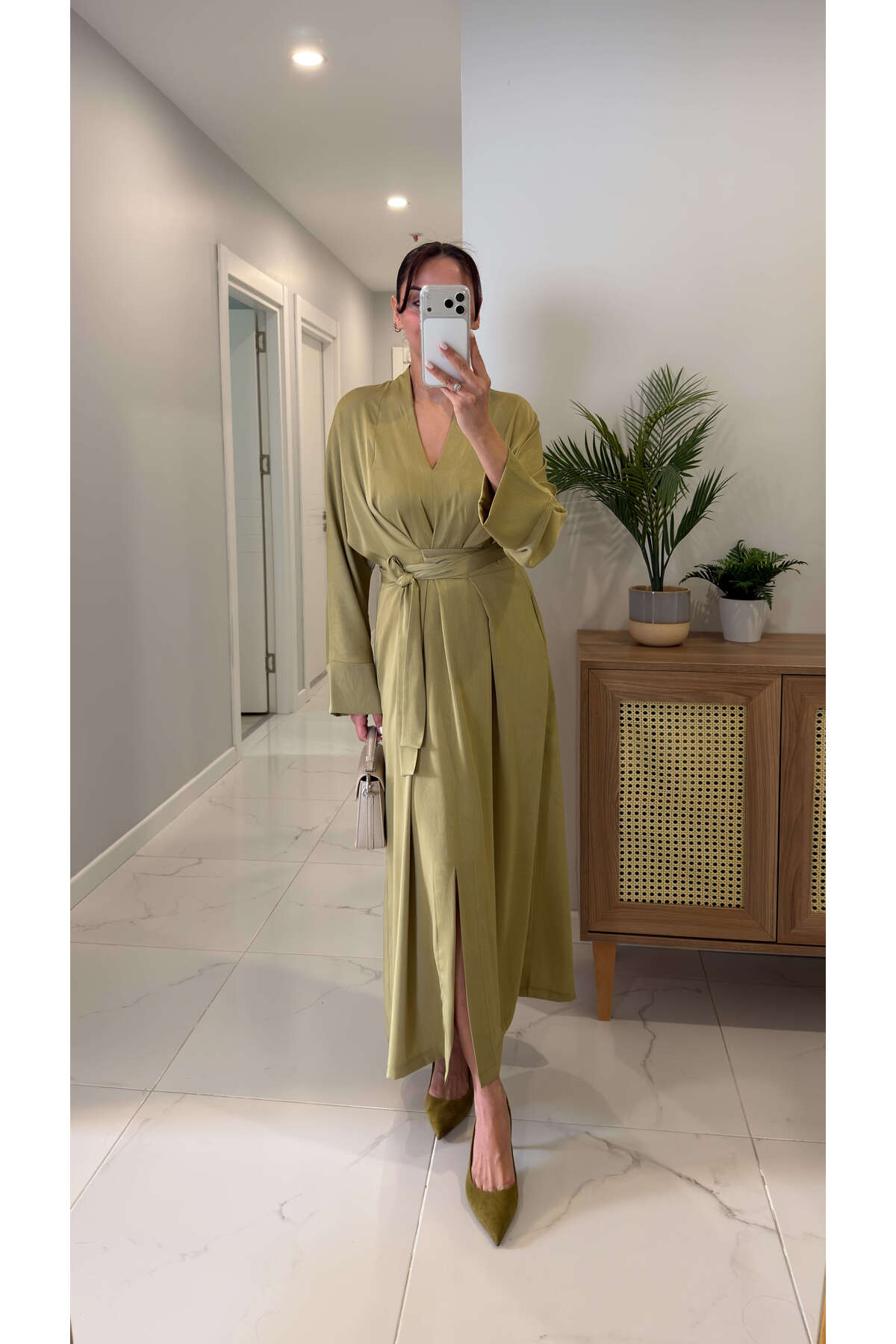 BİRCANÇİL  Chisra Haki Kimono Saten Elbise - Görsel 4