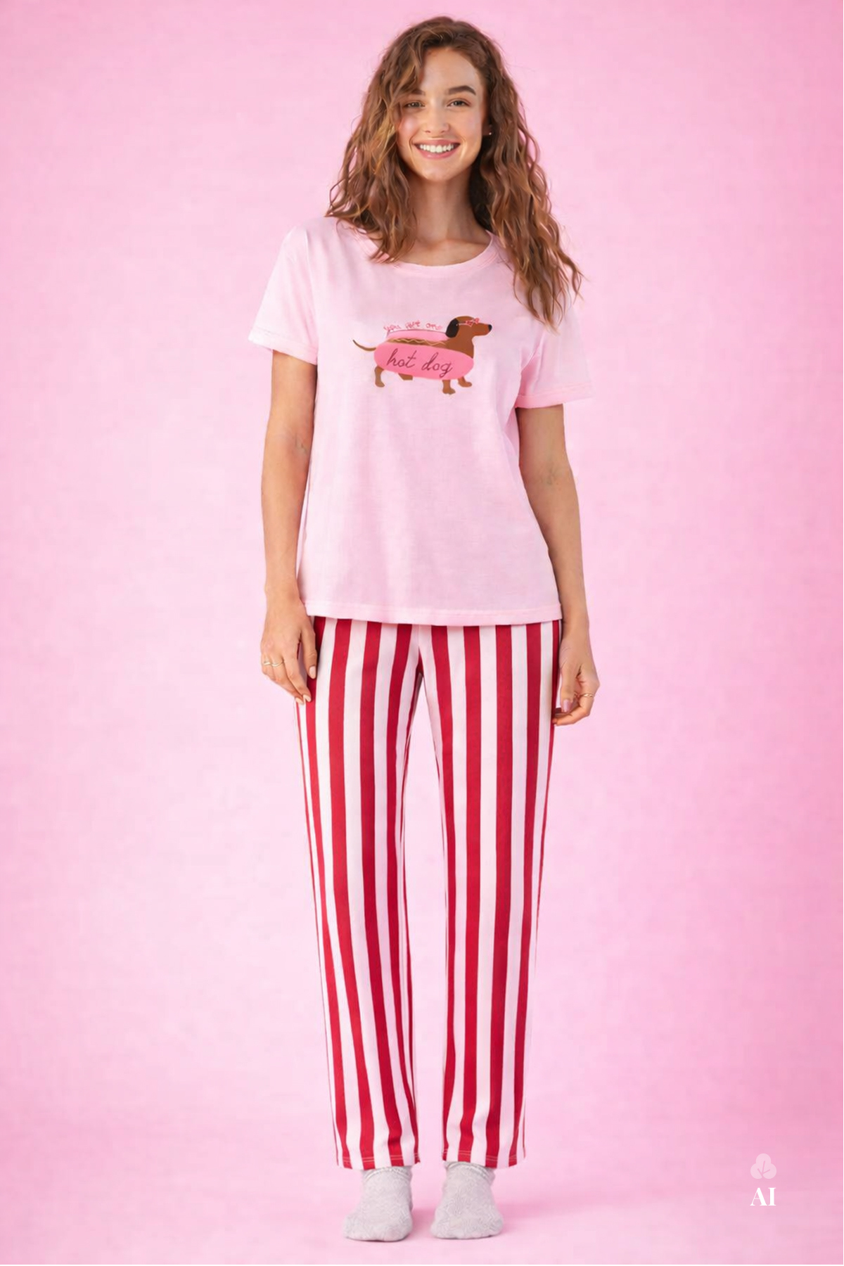koza iç giyim Kadın Pamuklu Renkli Köpek Baskılı Örme Pijama Takımı görsel 2