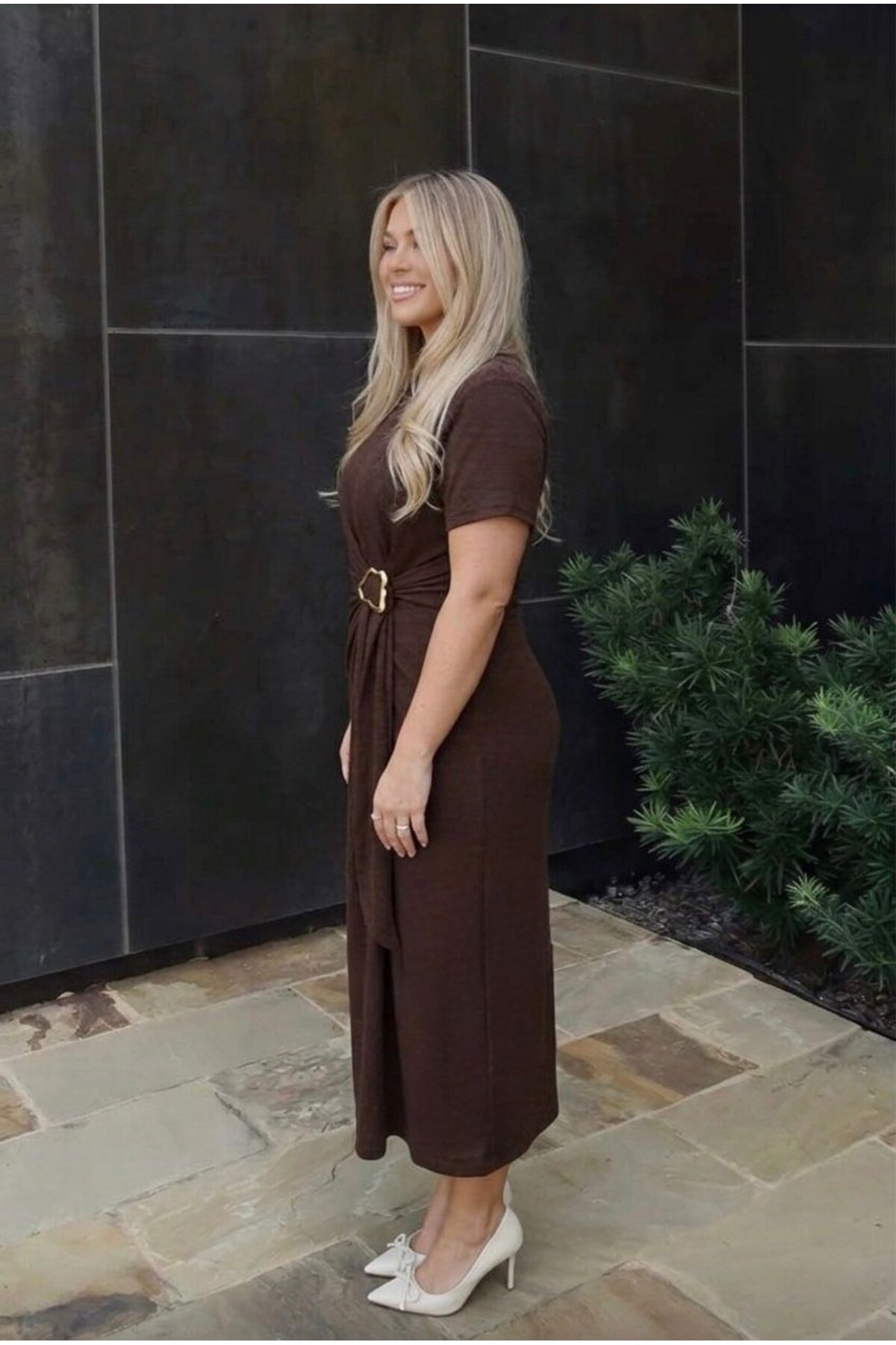 Koza Butik  Kadın Büyük Beden Kısa Kollu Önü Toka Detaylı Modal Kumaş Elbise 5452-26 - Görsel 3