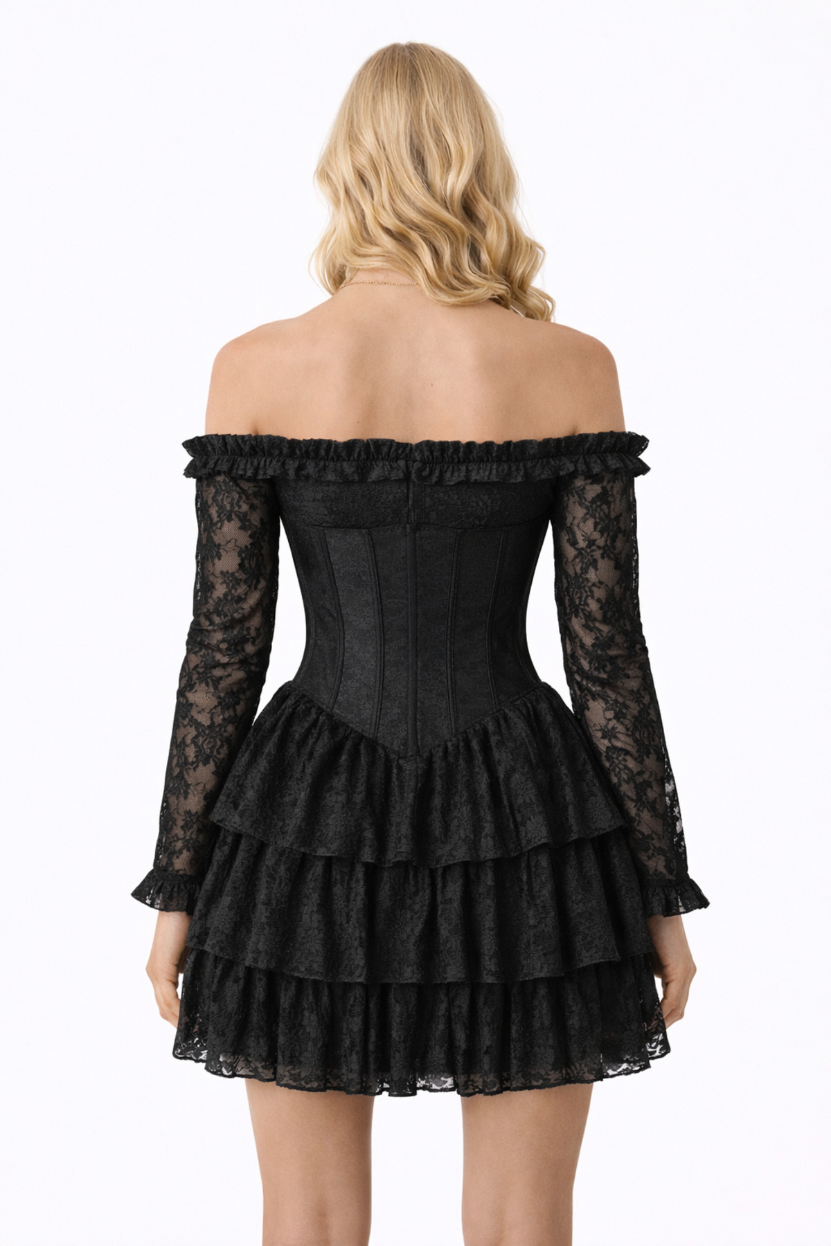 Butik  İDL Fashion Dantel korseli Mini Elbise -Siyah Volanlı, Omuz Açık Elbise - Görsel 2