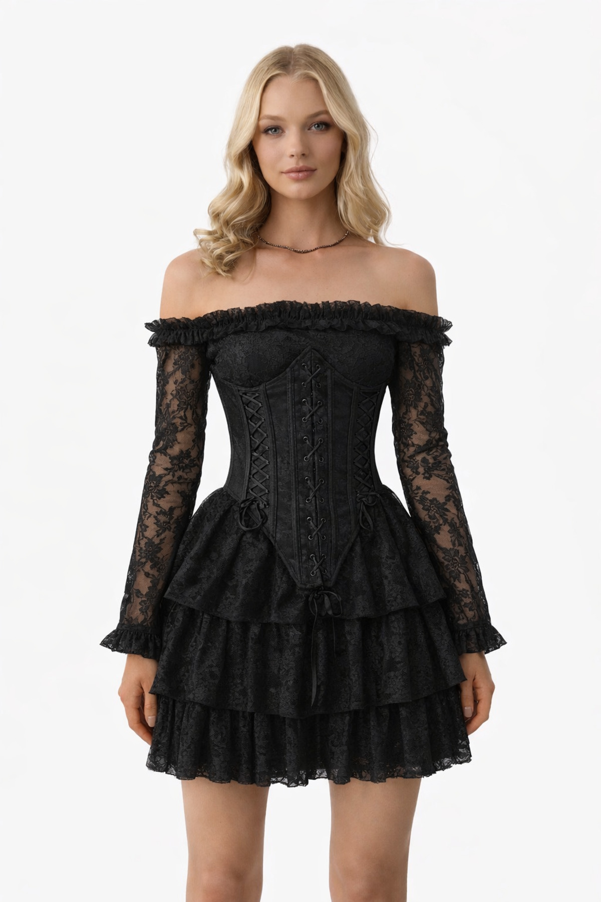 Butik  İDL Fashion Dantel korseli Mini Elbise -Siyah Volanlı, Omuz Açık Elbise