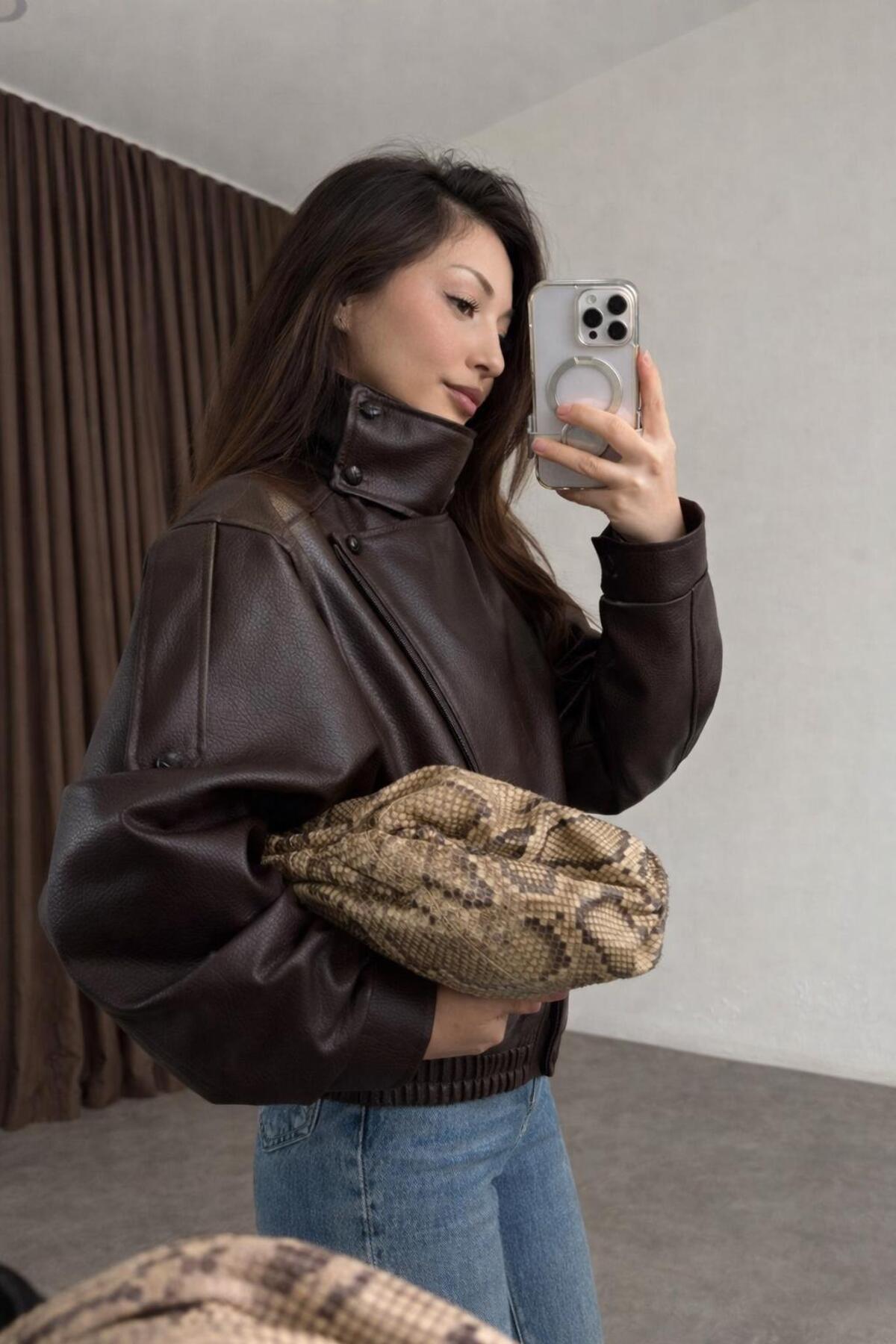 Ekim Store Zr High Collar Ultra Soft Patterned Leather Jacket