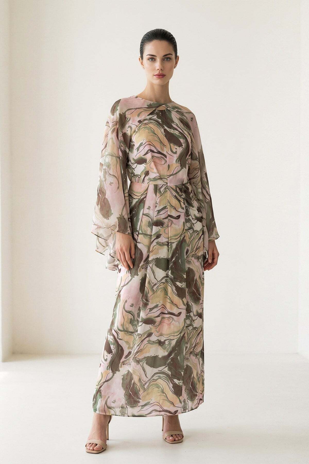 Setre Pink-Green Collar Detailed Long Sleeve Dress