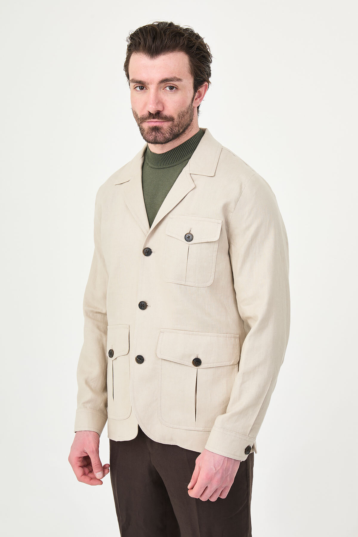 Mcr Düz Slim Fit Apaç Yaka Torba Cep %100 Keten Erkek Trenchcoat Bej - 21339.26Y görsel 6