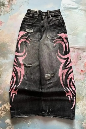 ARS Butik Siyah Taşlamalı Pembe Tribal Baskılı Y2K Unisex Baggy Pantolon