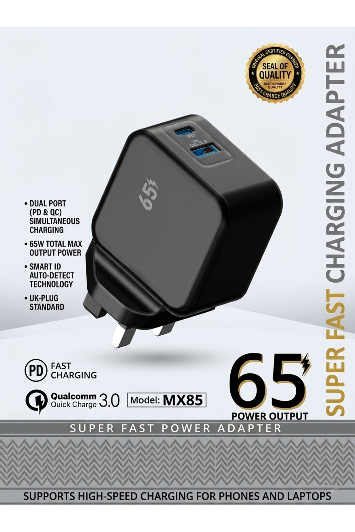 MX85 65W Super Fast Power Adapter - Dual Port (PD + QC 3.0) with Modern Design & Smart Protection, 6767,