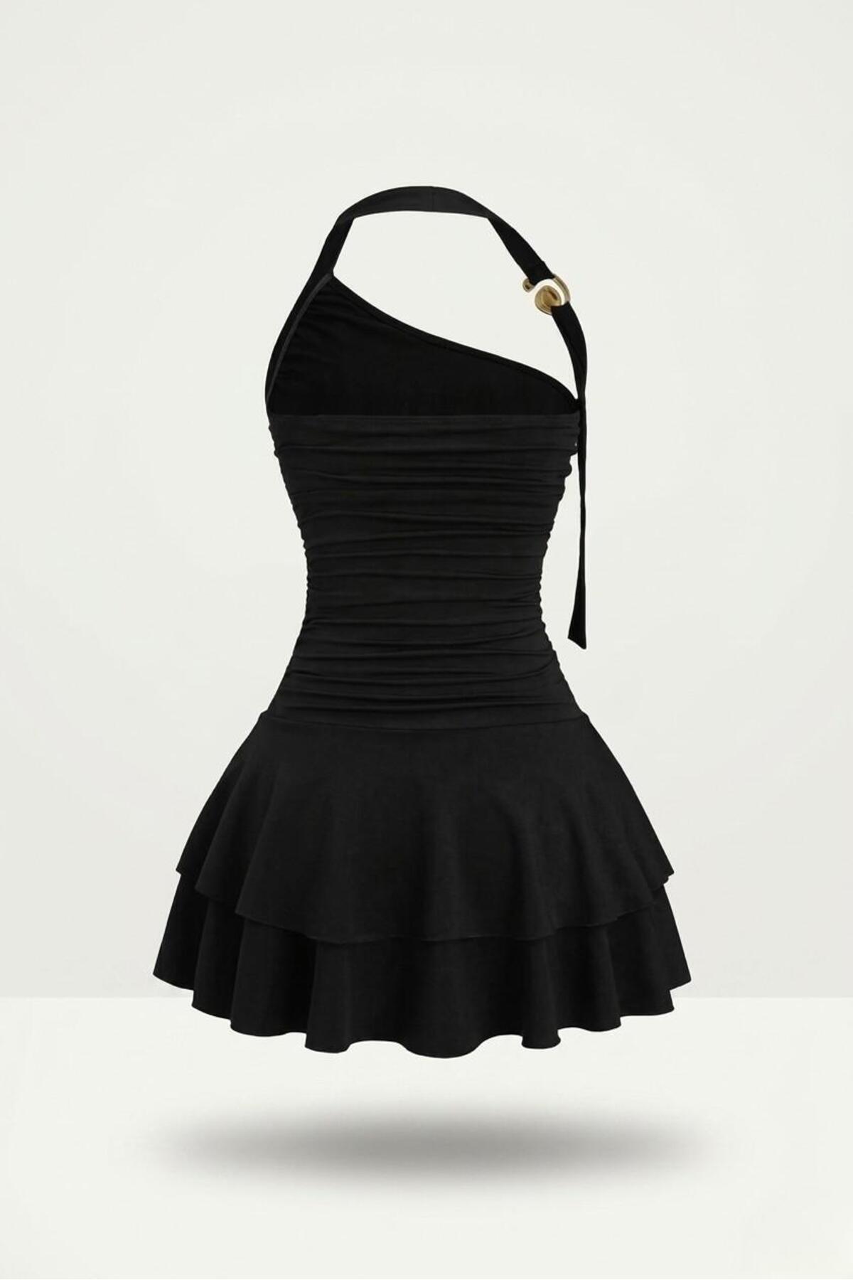 Rora  Bordo Drapeli Volanlı Mini Elbise – Tek Omuz Askılı Şık Davet Elbisesi - Görsel 2