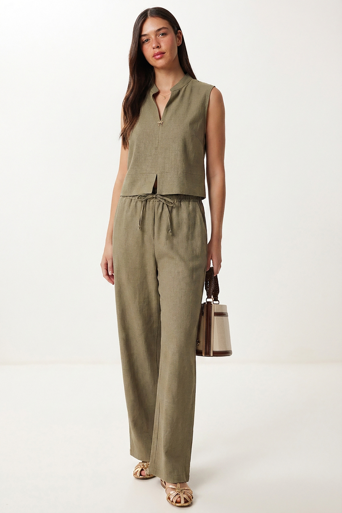Gold Accessory Linen Bottom-Top Set LAZ0001 KHAKI