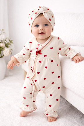 By Murat Bebe Kalp Desenli Şirin Bebek Tulum Seti boneli kumaşı klimalı