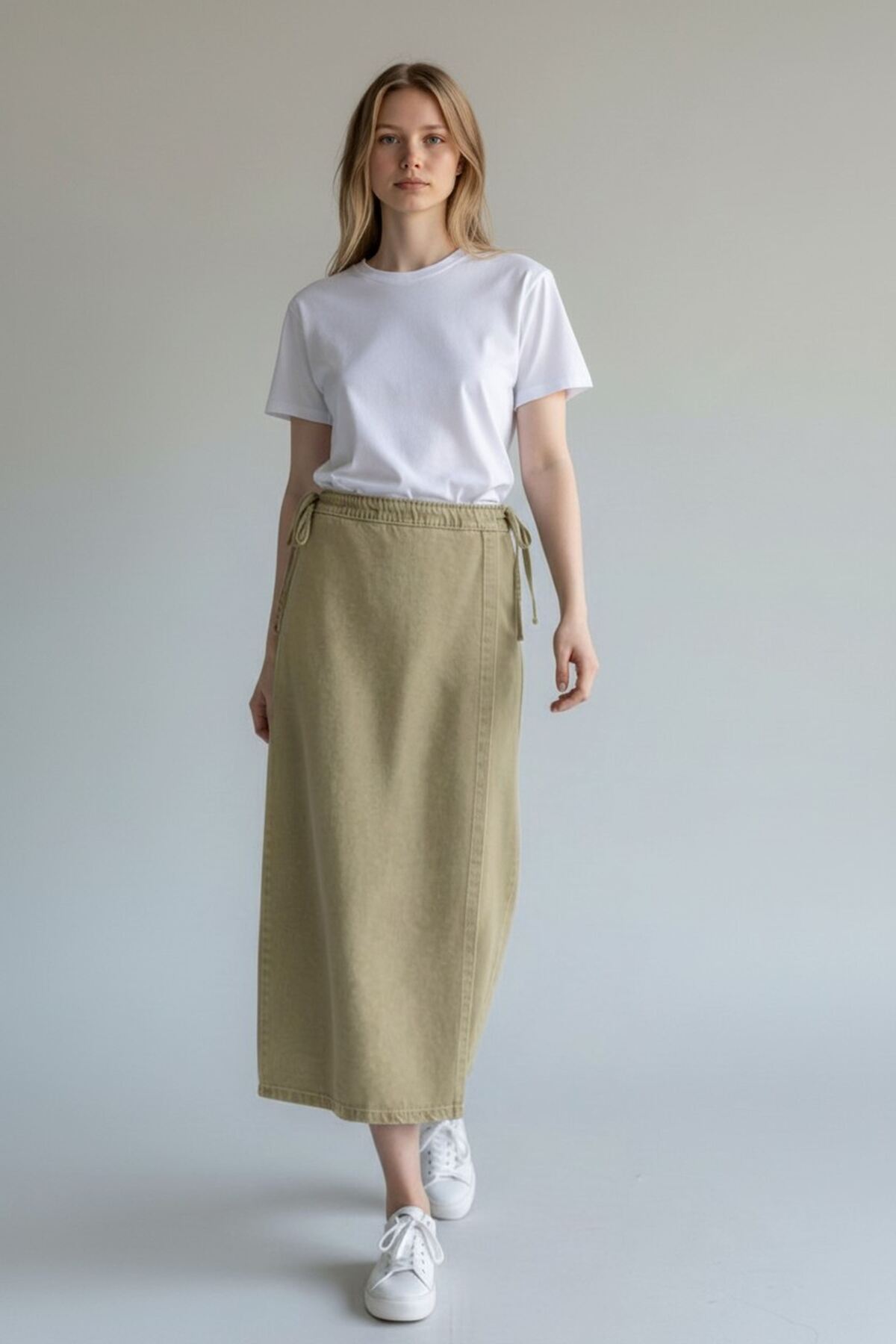 VELLICHOR  YANDAN BAĞLAMALI DENİM ETEK- HAKİ