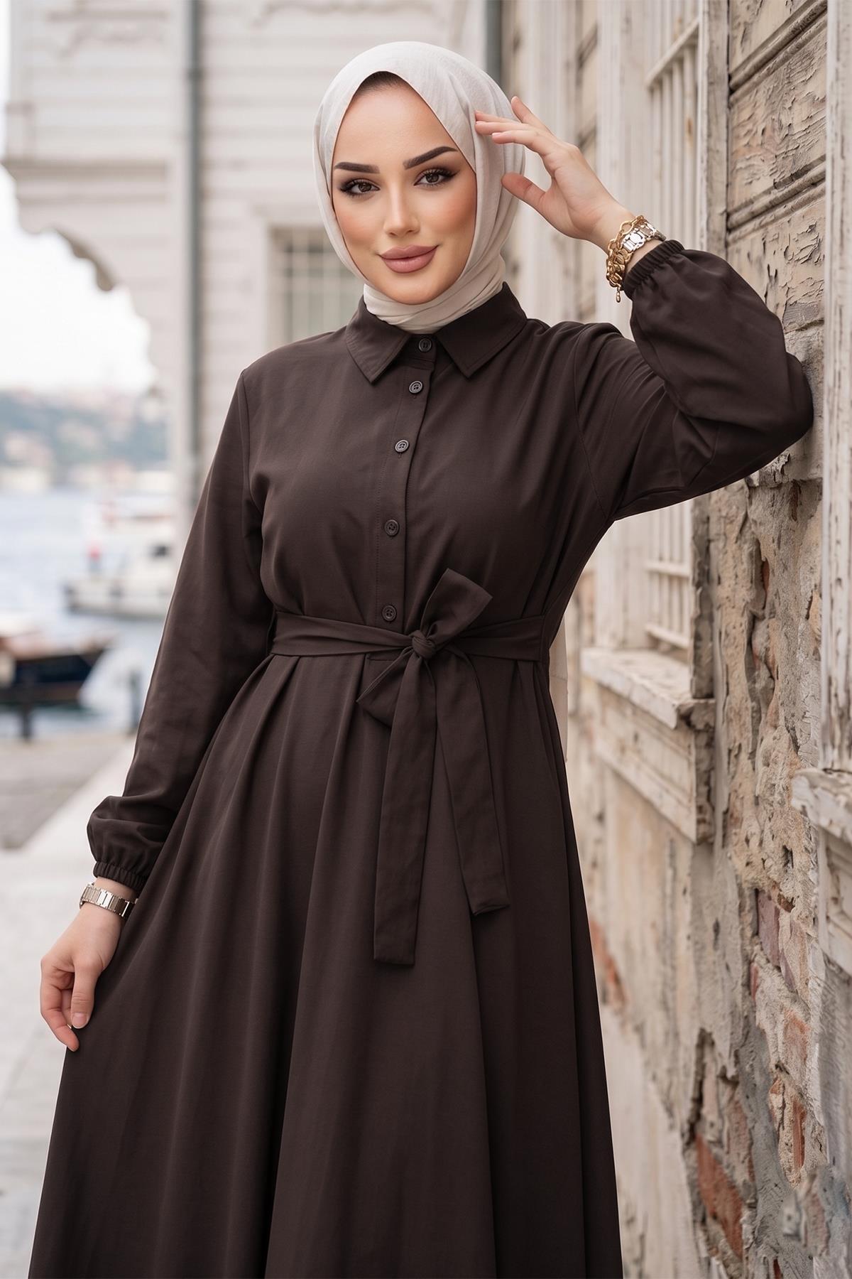 hafsamina  Kuşaklı Mevlana Elbise Acı Kahve HM2105 - Görsel 4