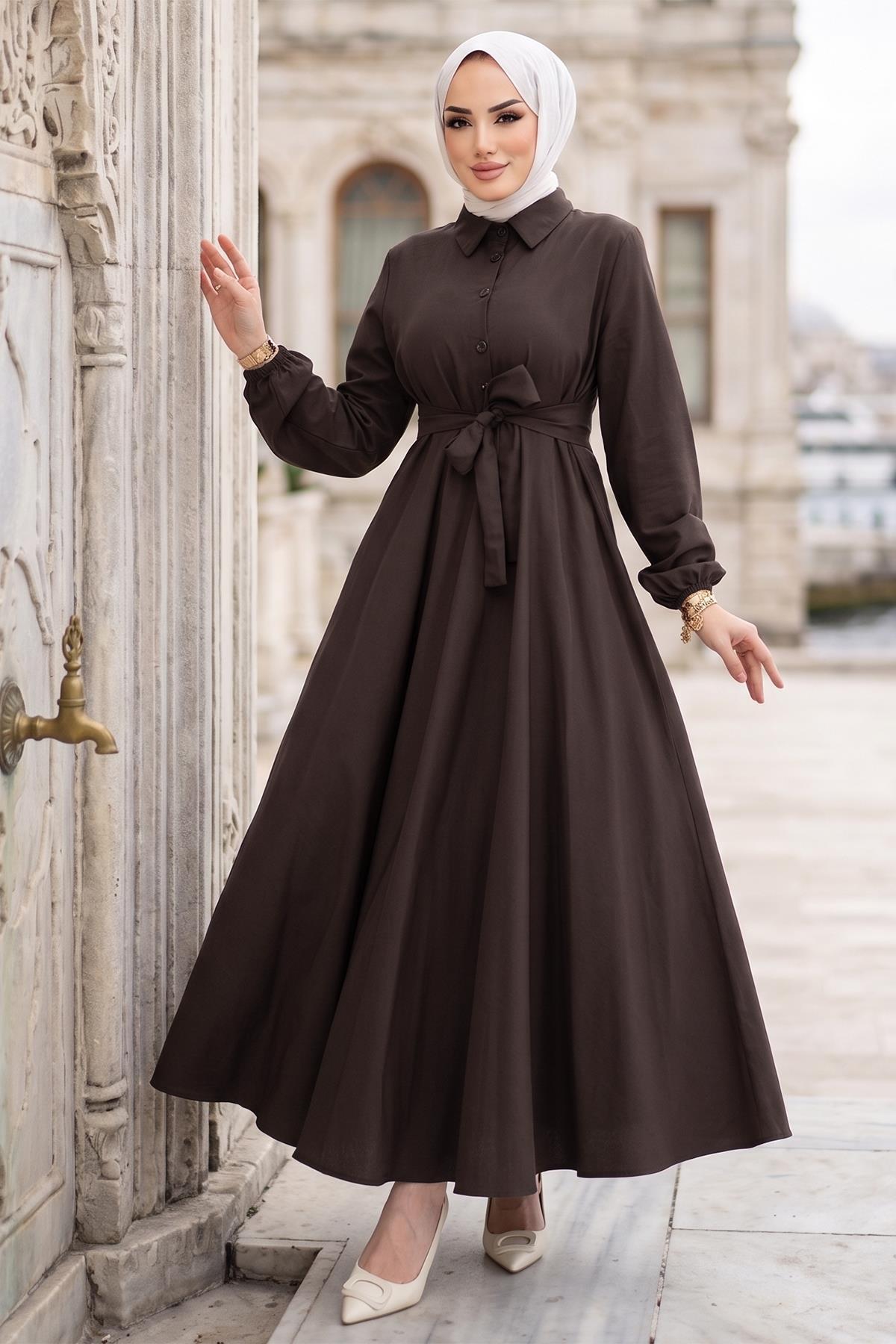 hafsamina  Kuşaklı Mevlana Elbise Acı Kahve HM2105 - Görsel 6