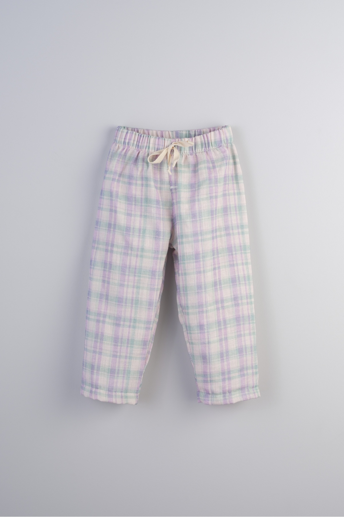 Plaid Patterned Flamed Muslin Loose-Fit Girls' Pants 100% Cotton ( Lilac Plaid )