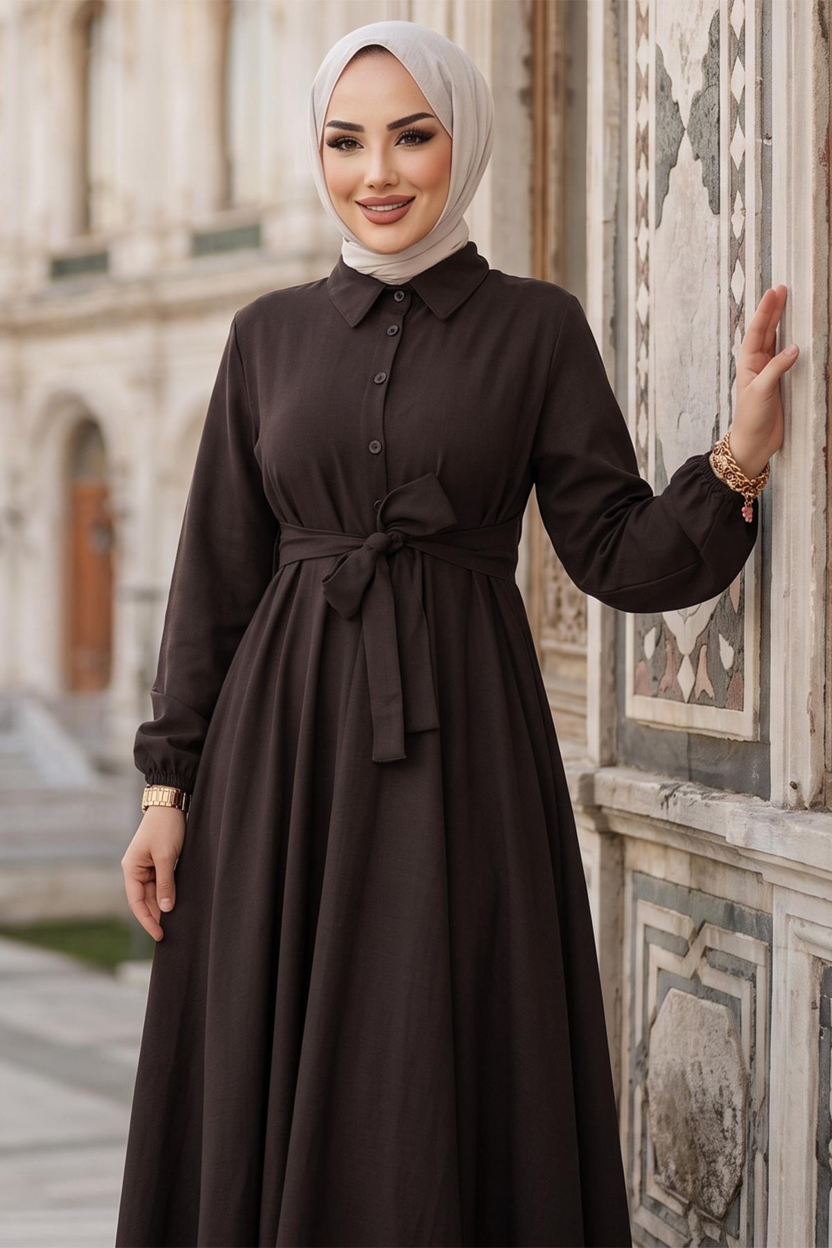 hafsamina  Kuşaklı Mevlana Elbise Acı Kahve HM2105 - Görsel 2