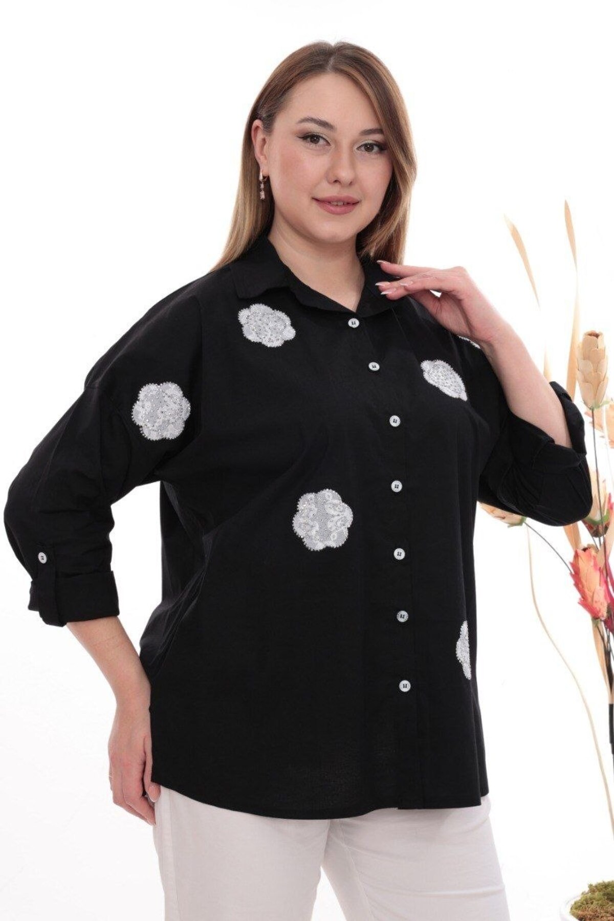 JERFİ  KADIN BÜYÜK BEDEN ROSE TAŞ BASKILI POPLİN KUMAŞ GÖMLEK