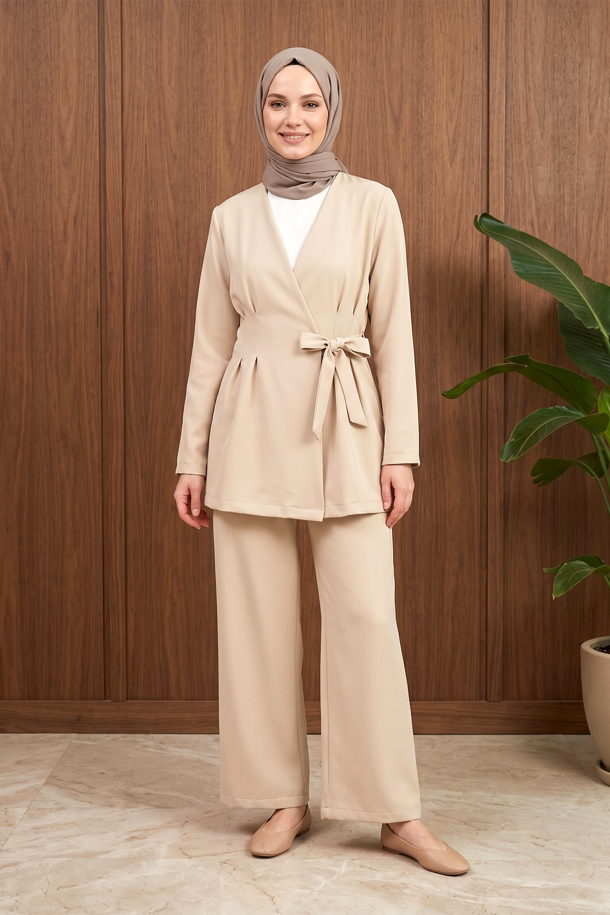 Women's Collar Detailed Tied Jacket Pants Set - Beige