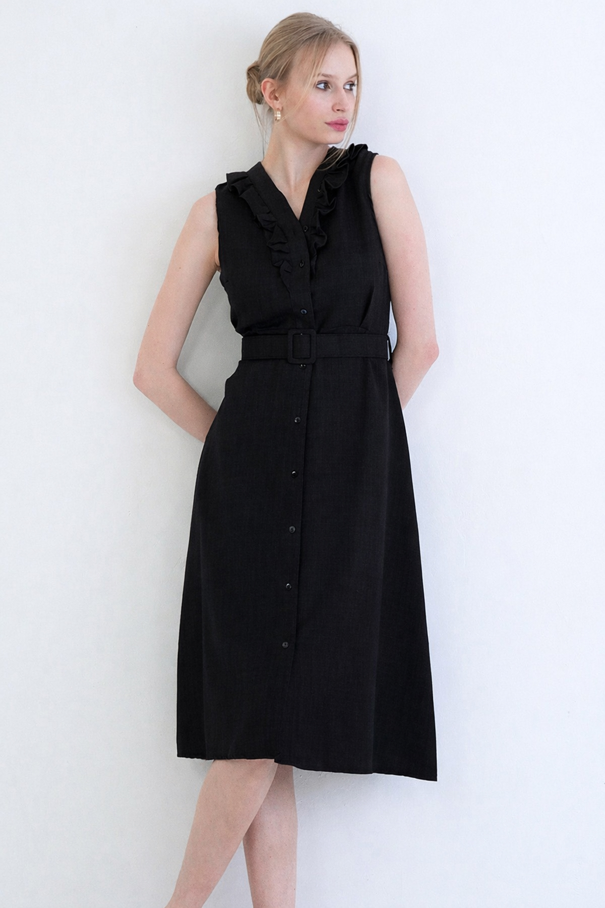 Black Button Front Ruffle Detailed Self-Belted Linen Woven Dress ALC-X15330