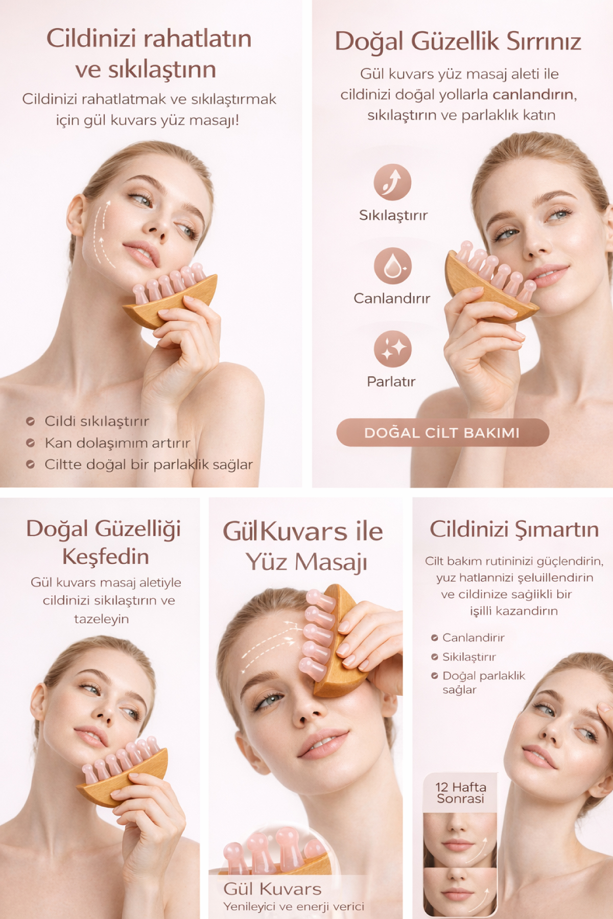 Pembe Kuvars Yüz ve Kafa Derisi Masaj Aleti Kayın Ağacı Gövde Cilt Sıkılaştırıcı Roller — صورتی 6519489485984 — تصویر 4 از 4