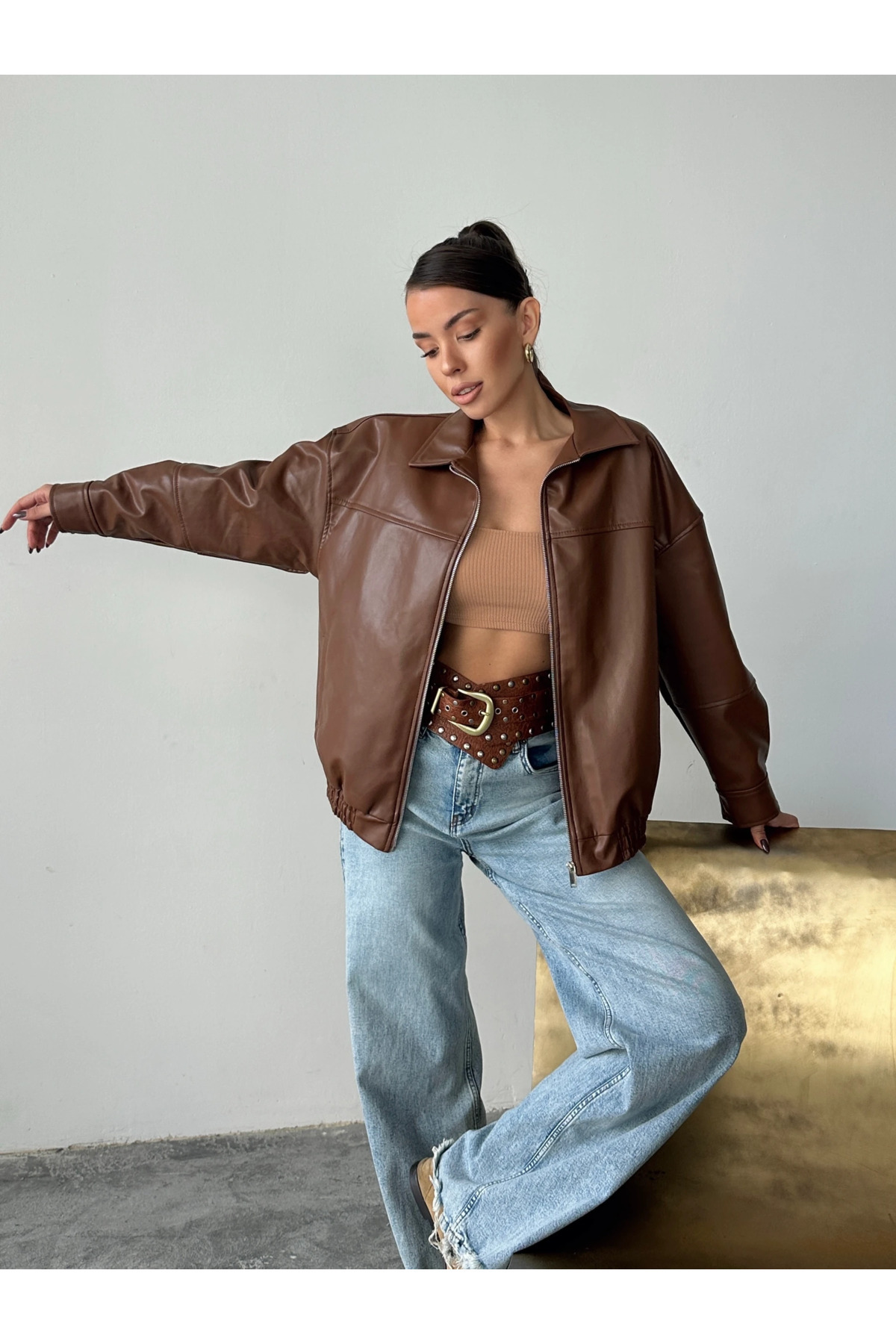 myd  Deri Fermuarlı Bomber Mont - Taba