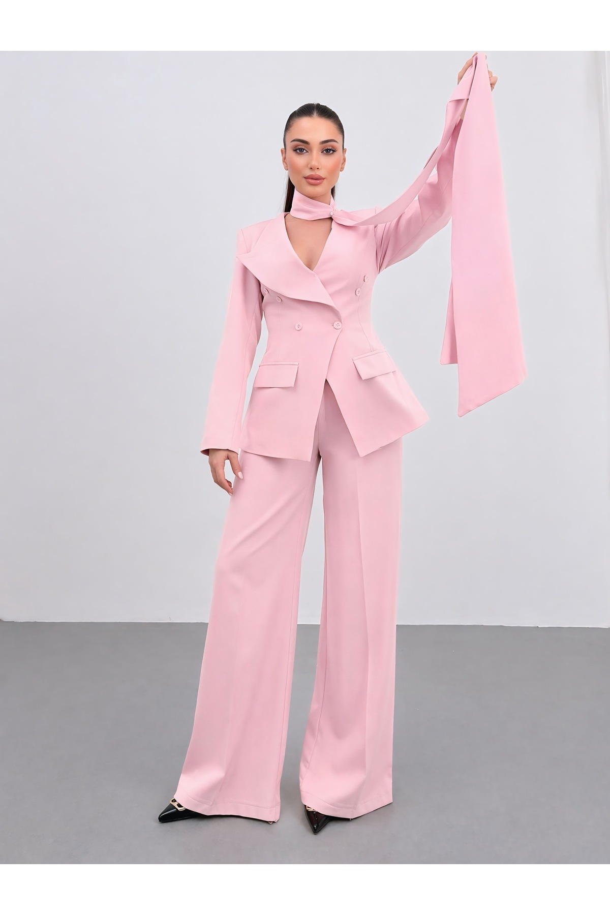 Neck Tied Premium Powder Pink Double Breasted Jacket Set