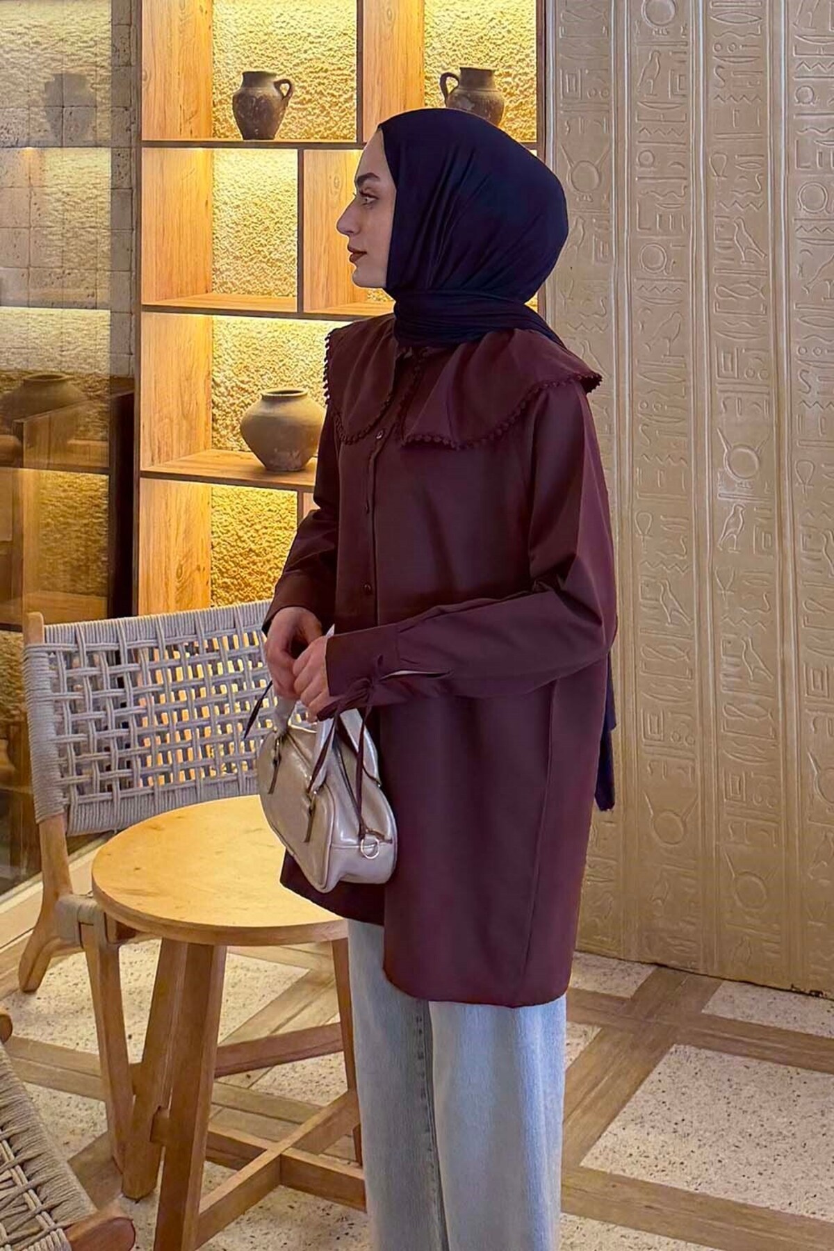 Lamelif  Bebe Yaka Dantel Detaylı Gömlek Mürdüm - Görsel 2