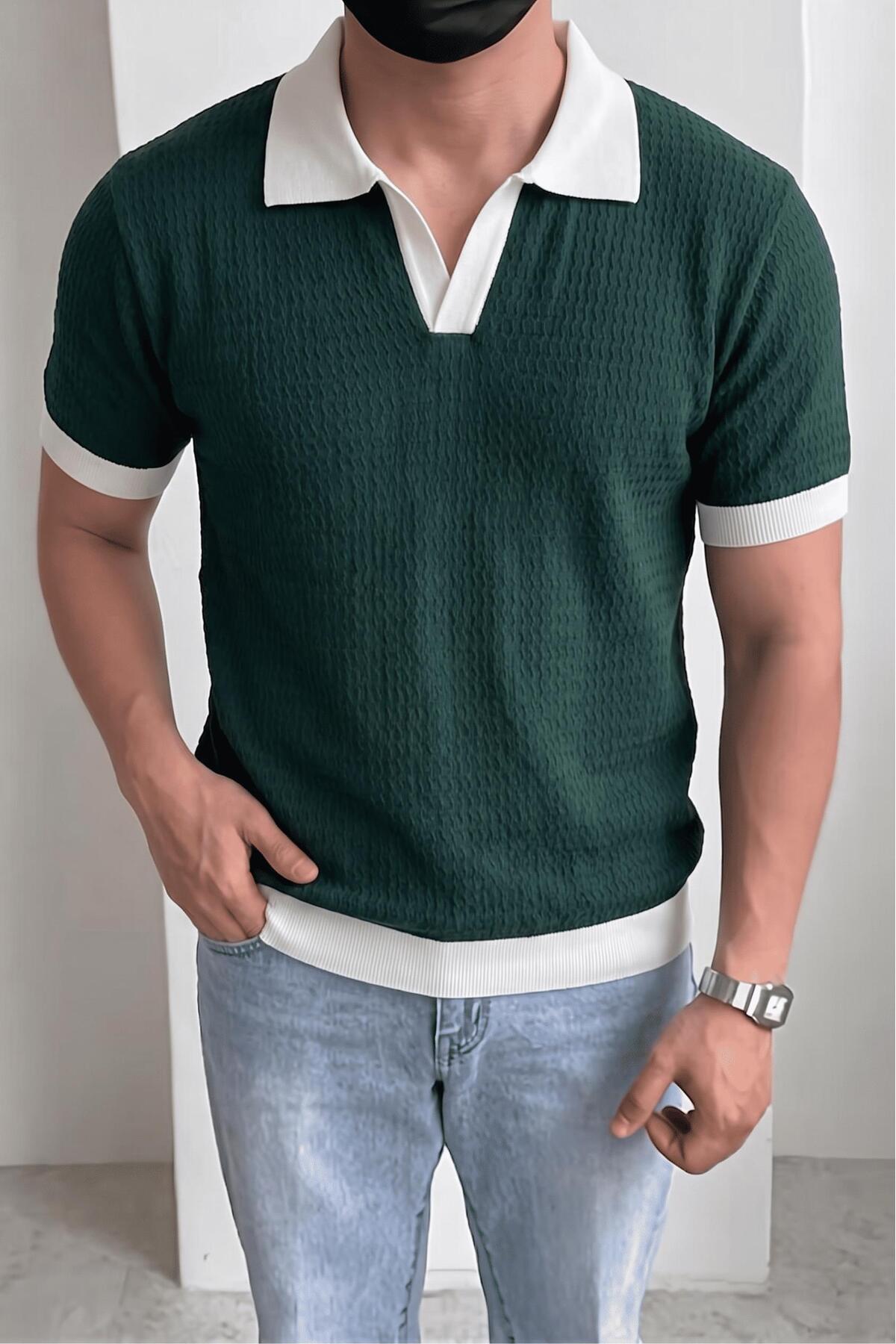 Cube Men's Slim Fit Jacquard Polo Neck Knitwear T-Shirt - Contrast Striped Knitted Bouquet