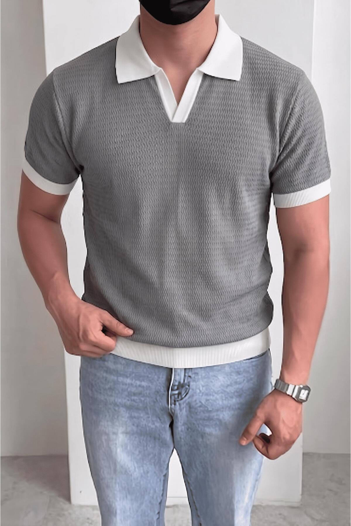 Cube Men's Slim Fit Jacquard Polo Neck Knitwear T-Shirt - Contrast Striped Knitted Bouquet