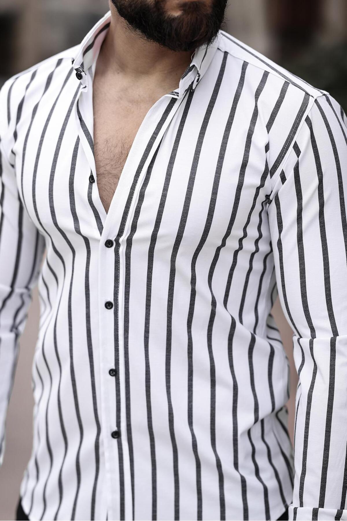 BAYIM Erkek Slim Fit Çizgili Gömlek Likralı Dar Kesim Şık Günlük Gömlek (Beyaz & Mavi / Beyaz & Siyah) görsel 4