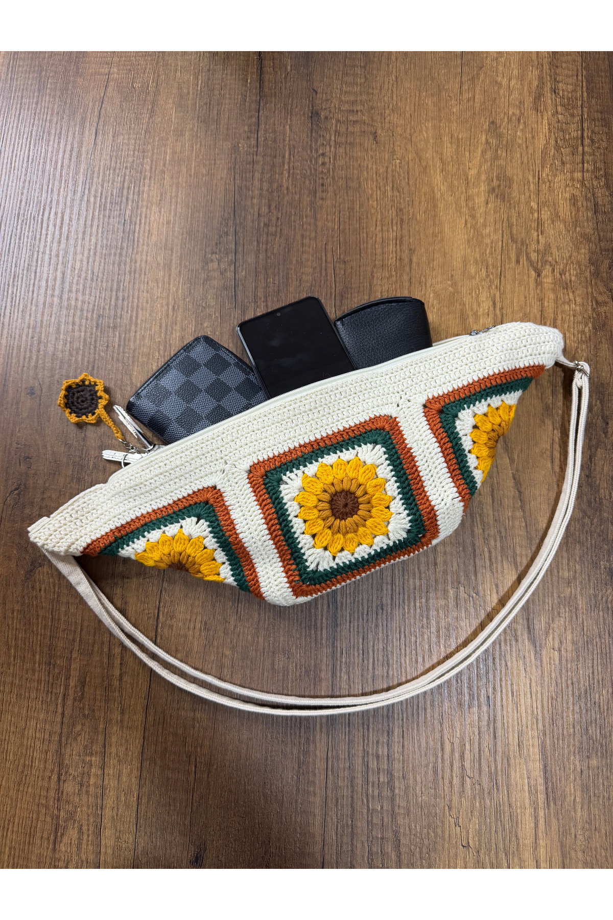 AKSESUARSEPETİ El Yapımı, Ayçiçek Motifli Örgü, Ayarlanabilir Askılı, Astarlı, Fermuarlı, Crossbody/Göğüs Çantası görsel 5
