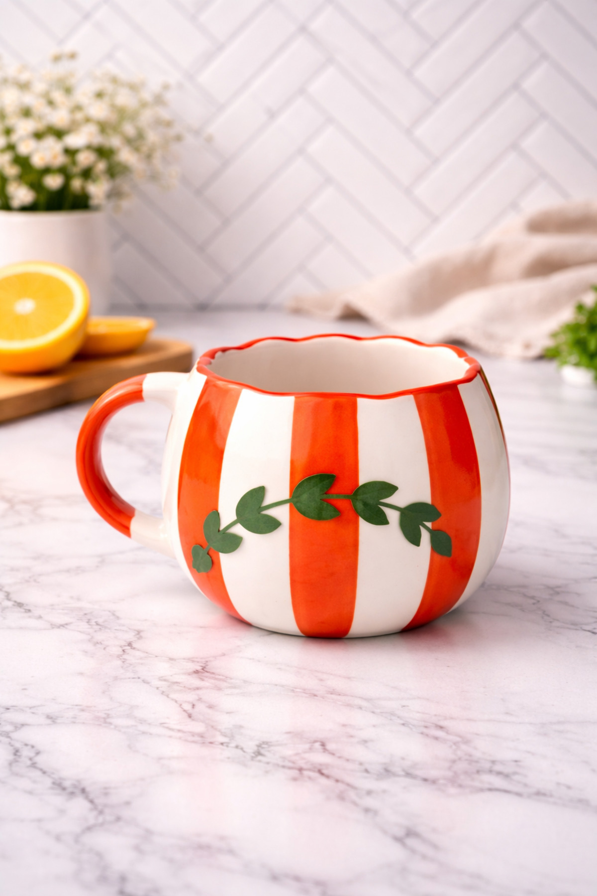 Orange Stripe Branch Patterned MOUTH WAVE DETAIL Custom Embossed Fully Handmade Ceramic Mug