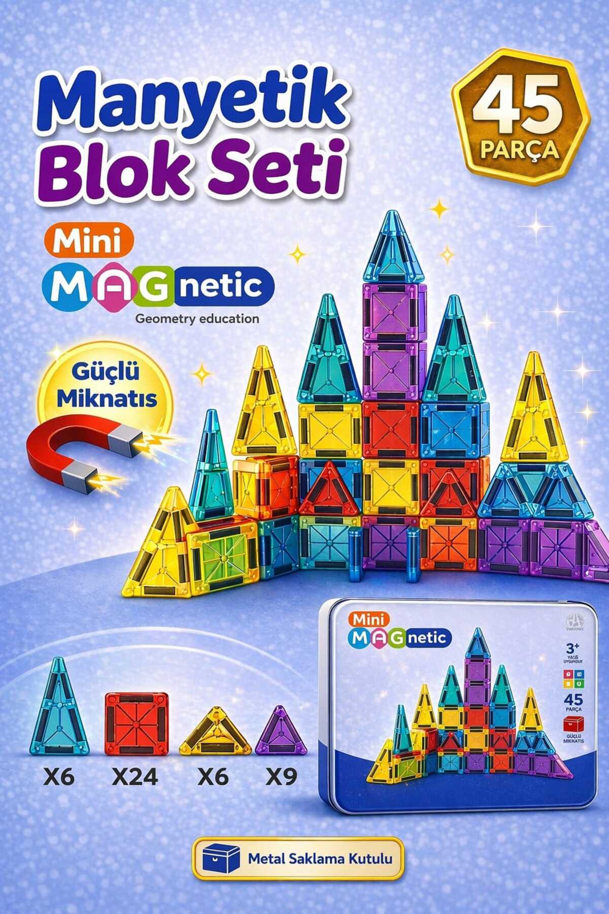 YEMA GLOBAL 45 Parça Manyetik Mini Blok Seti | Metal Kutulu STEM