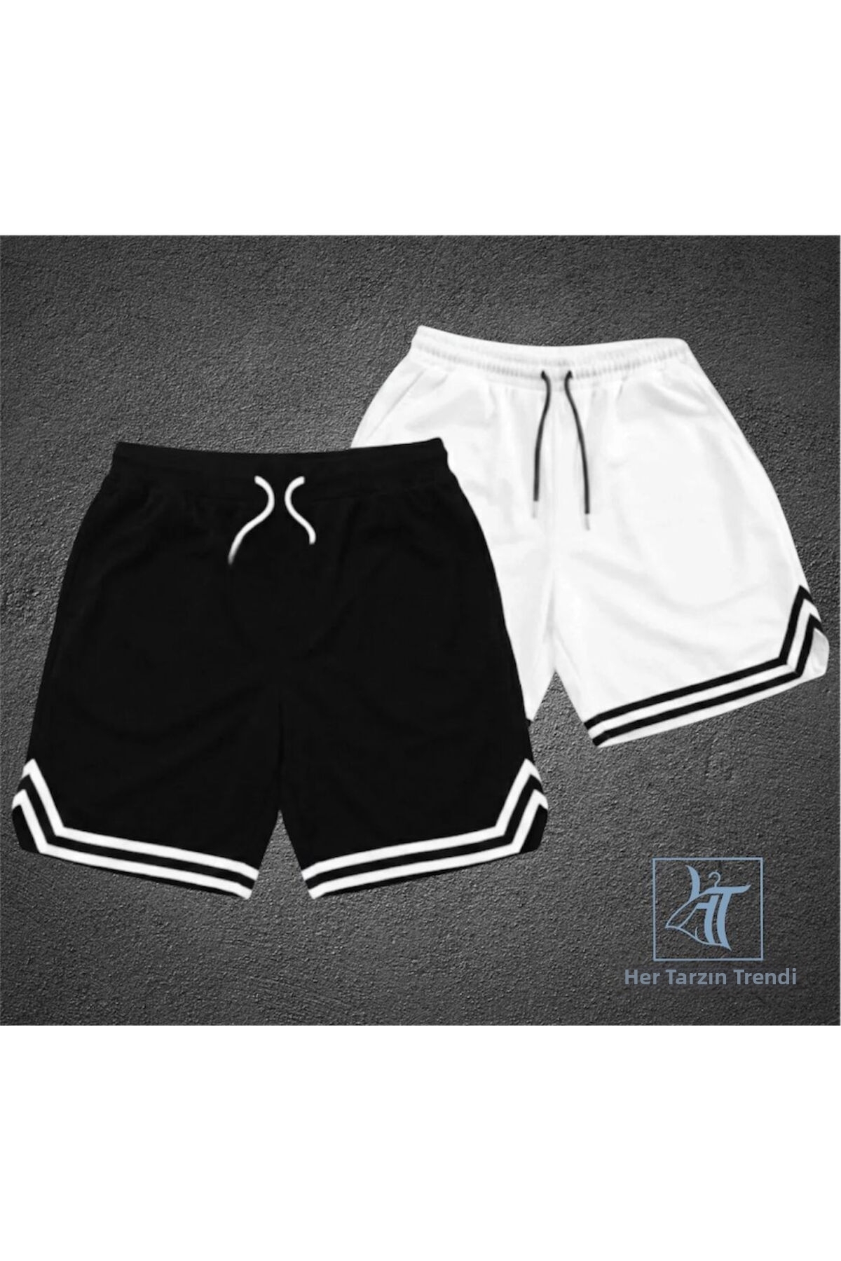 HerTarzınTrendi 2in1 Black and White Combed Cotton Shorts Sports Bermuda Stripe 2-Piece Basketball Football Fitness Training Shorts