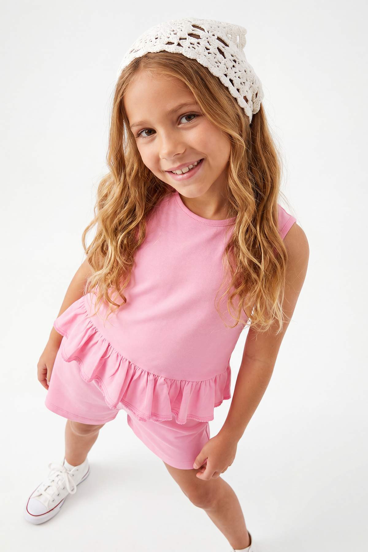Trendyolmilla Kids Pembe Kız Çocuk %100 Pamuk Basic Fırfır Detaylı Kolsuz Örme Alt-Üst Takım TKDSS25AU00162