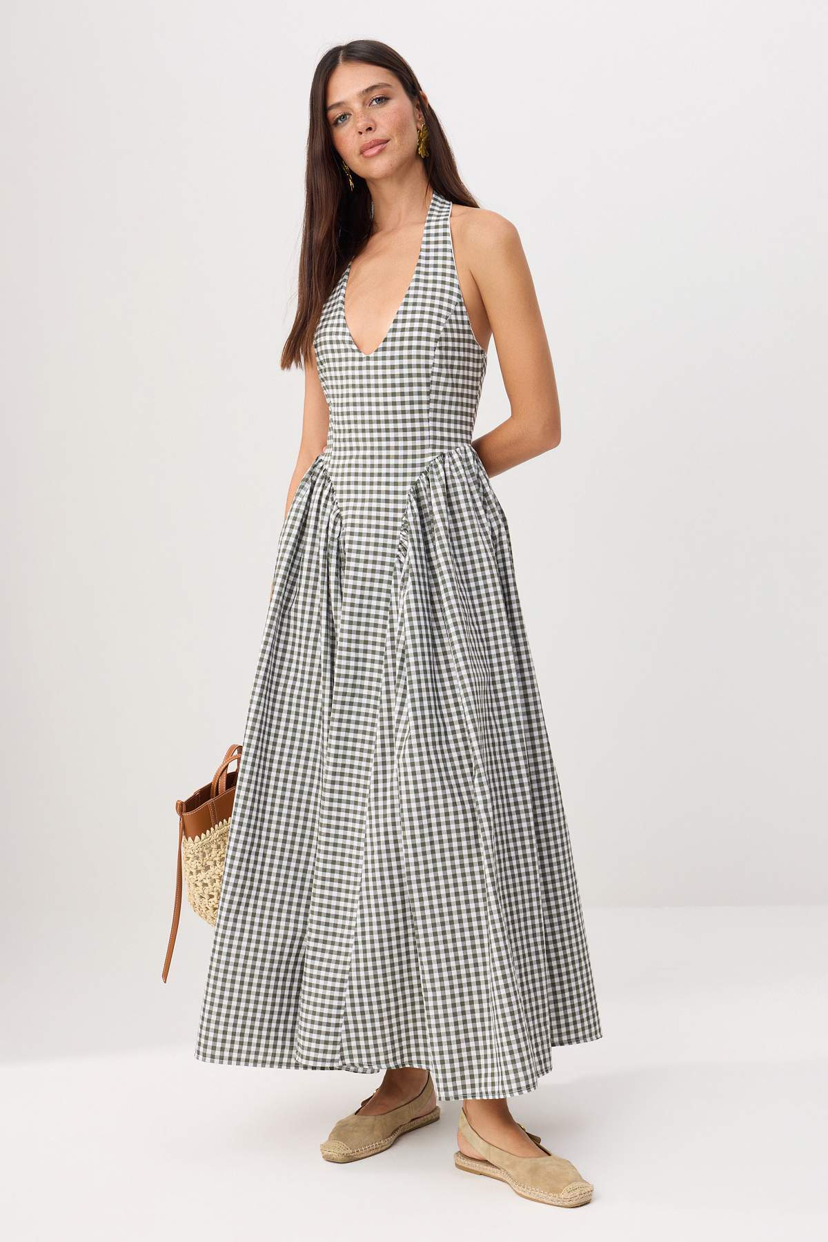 Trendyol Kollektion Grünes, gemustertes, gewebtes Maxikleid mit Taillenöffnun...