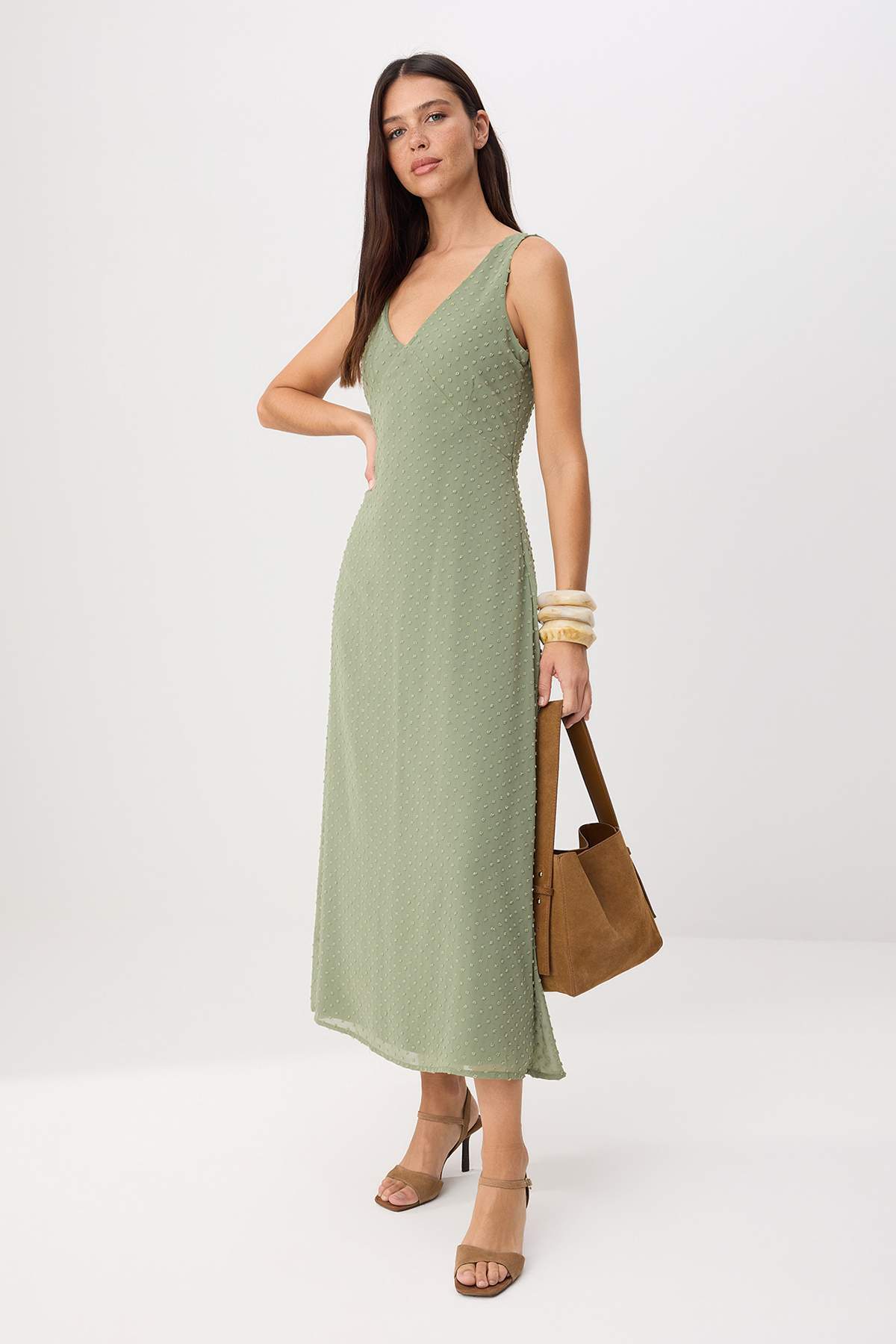 Trendyolmilla Mint V Yaka Maxi Dokuma Elbise TWOSS26EL00698