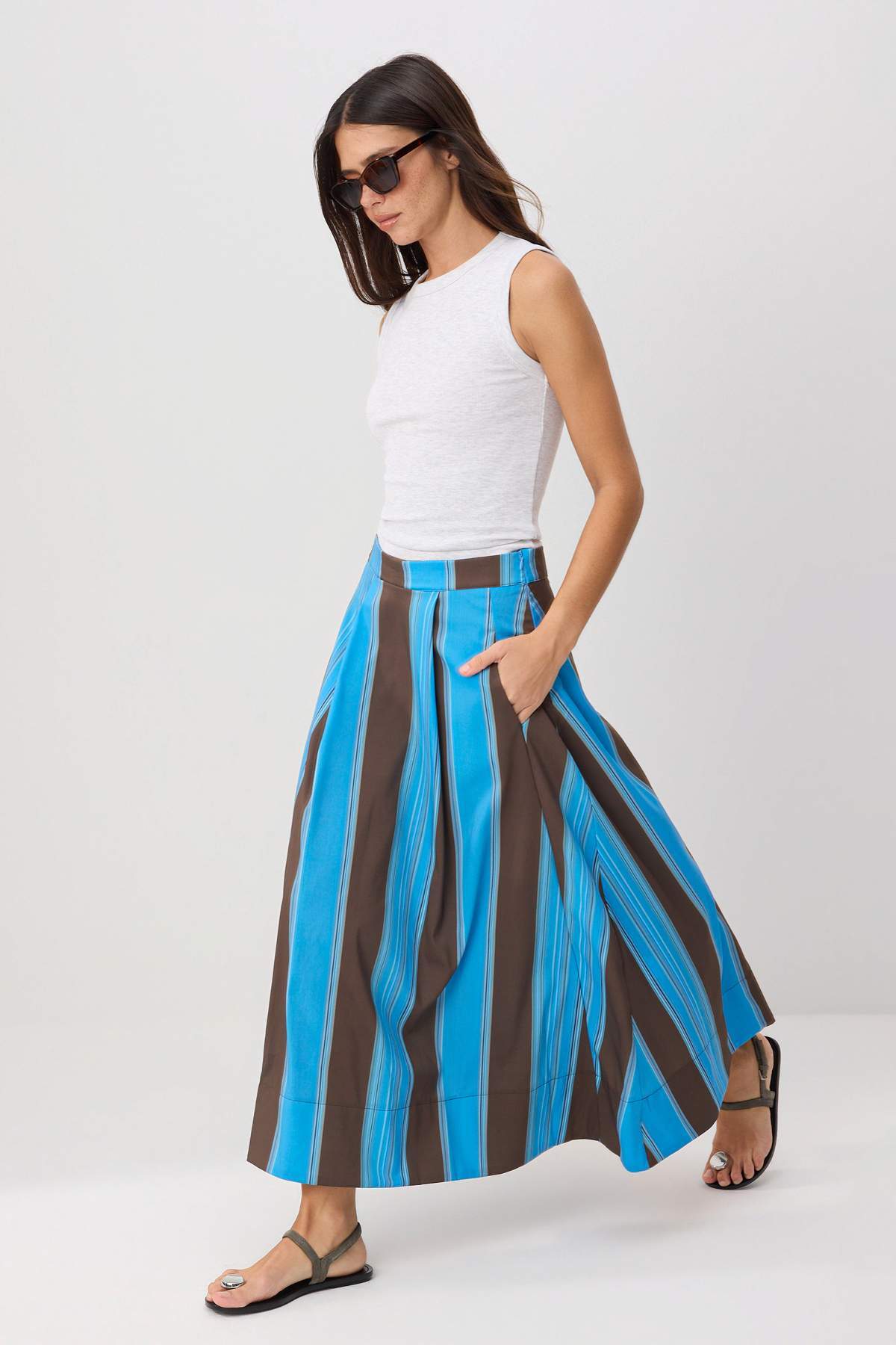 Trendyol Kollektion Braun-blau gestreifter, langer Maxi-Popeline-Rock in A-Li...