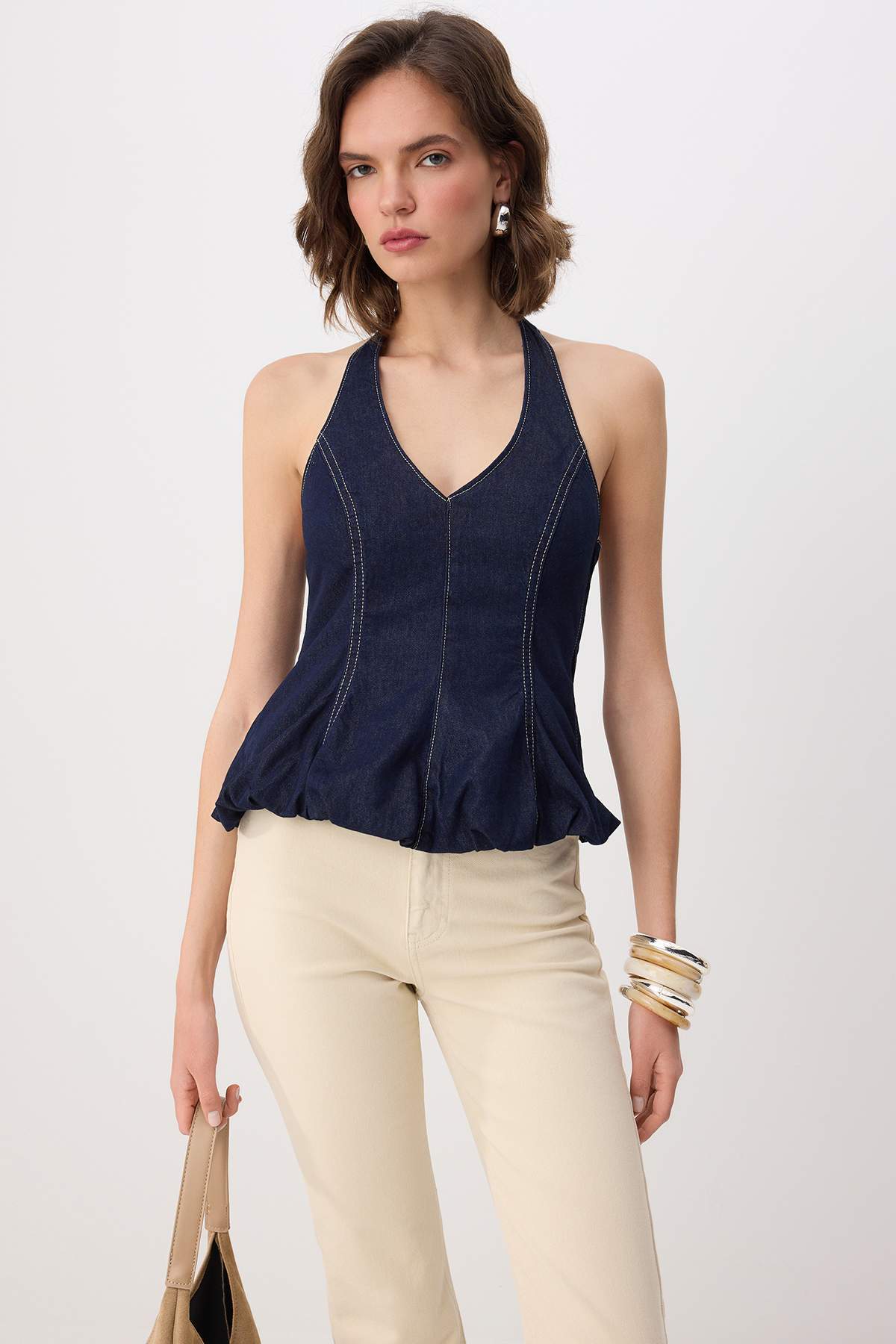 Trendyolmilla Koyu Mavi Halter Yaka Balon Denim Bluz TWOSS26BZ00705