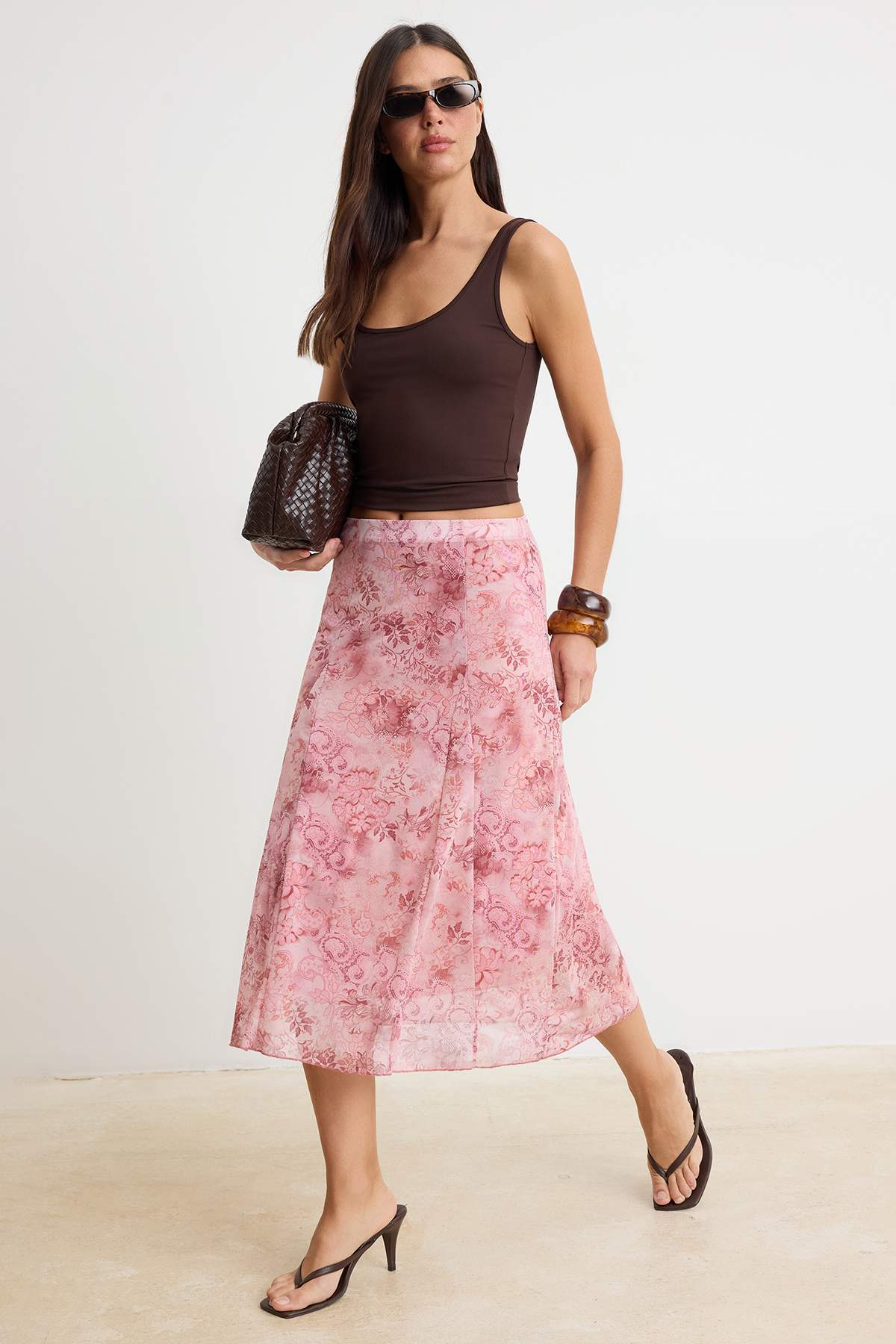 Trendyolmilla Çok Renkli Şal Desen Boho/Boho Chic Skater Yüksek Bel Midi Tül Örme Etek TWOSS26ET00163