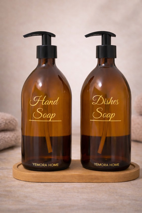 YEMORA Amber Cam Sabunluk Seti 2’li Bambu Standlı – 500 ml El & Bulaşık Sabunluk