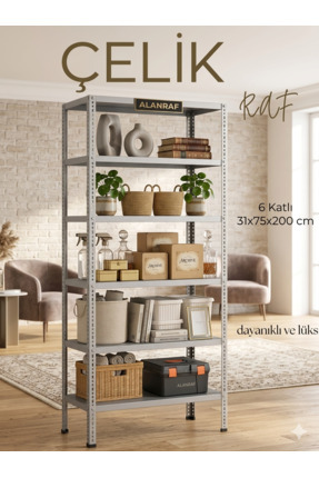 ALANRAF Çelik Raf 6 Katlı 31x75x200 Raf Sistemleri, Depo rafı, Arşiv rafı, Ki...