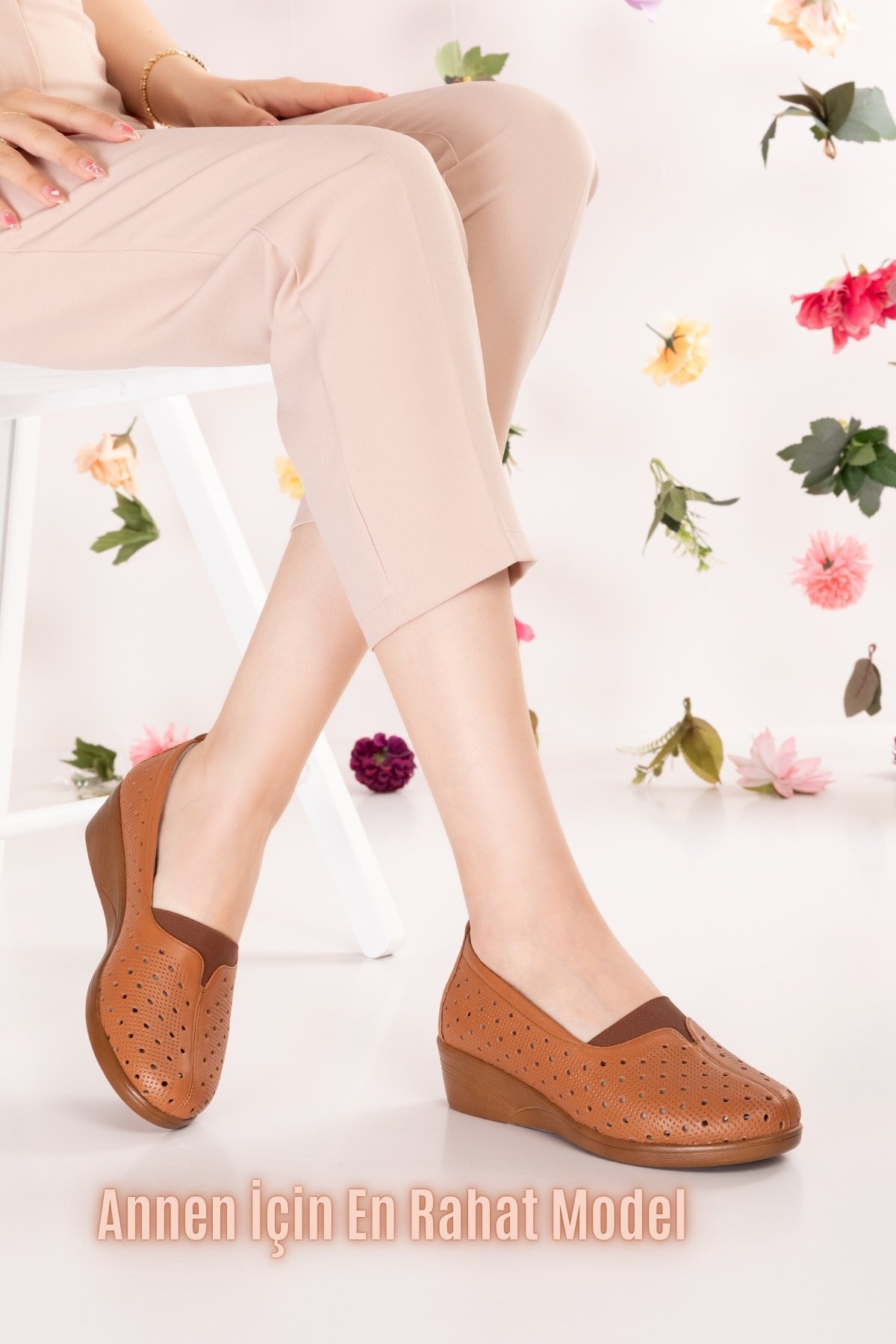 Women's Genuine Leather Casual Casual Summer Perforated Shoes vdt.2610 Tan