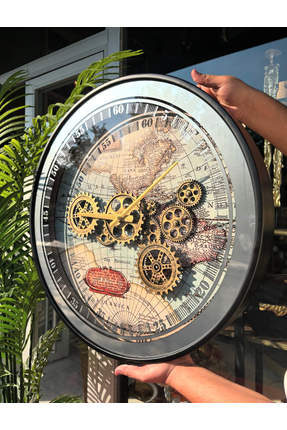 Evdeki Mağaza 60x60cm SİYAH METAL KASA AYNA DESENLİ HARİTA ÇARKLI MODEL