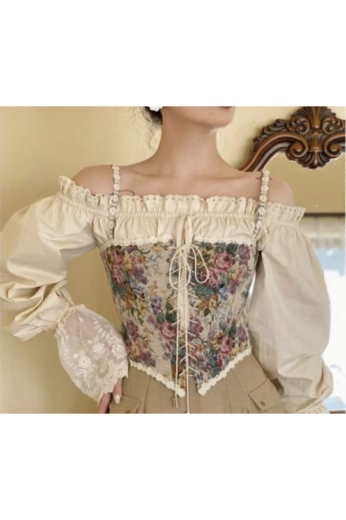 French Floral Printed Viintage Lace Up Front Corset Bustier