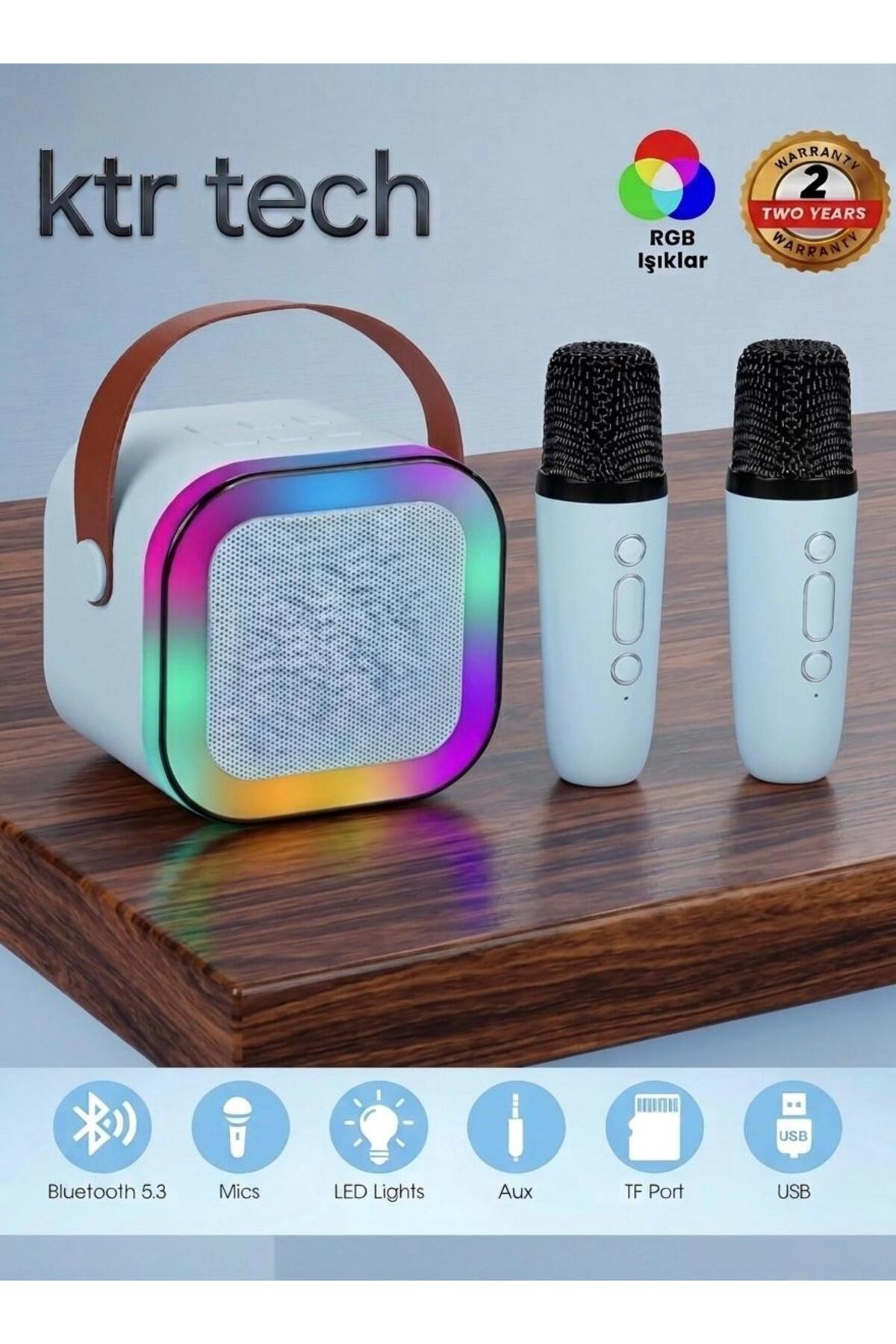 Karaoke Bluetooth Hoparlör Kablosuz Çift Mikrofonlu Rgb Led Işıklı 5 Efektli Şarjlı Ses Bombası