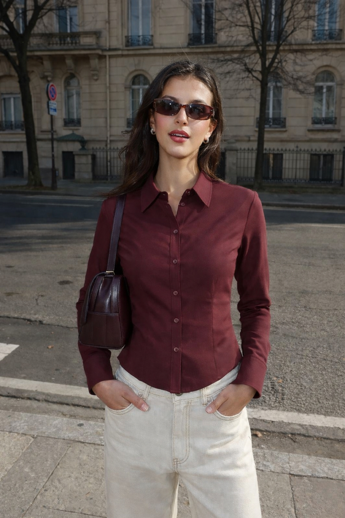 Burgundy Long Sleeve Body Fitting Shirt HL150