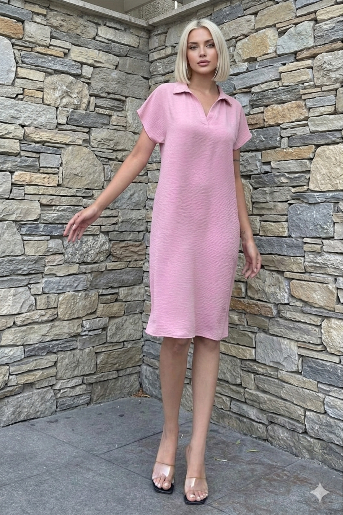 Women's Powder Extra Loose Fit Polo Neck Short Sleeve Casual Dress Up Summer Midi Dress 700-2883308