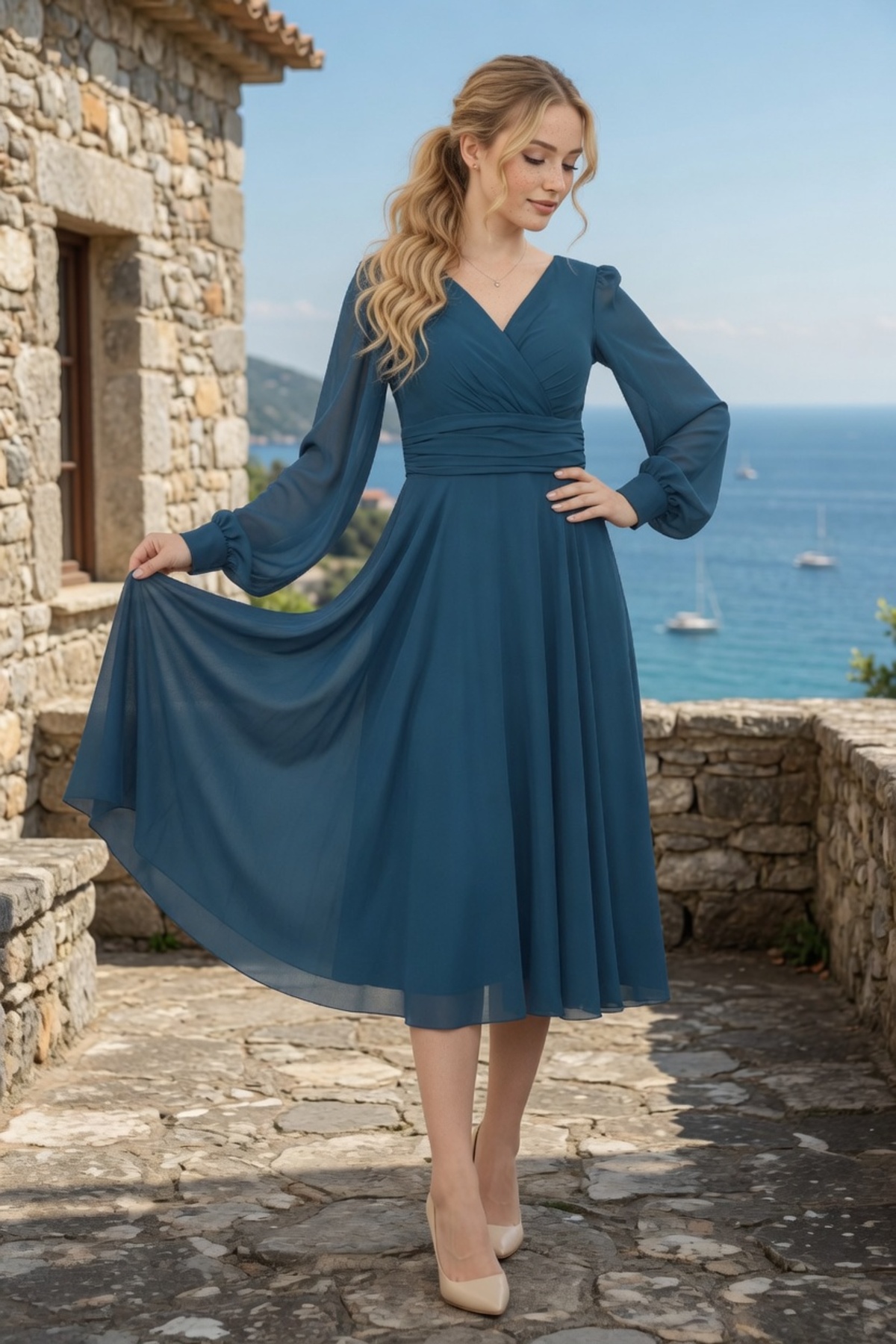 Long Sleeve Double Breasted Collar Midi Chiffon Dress