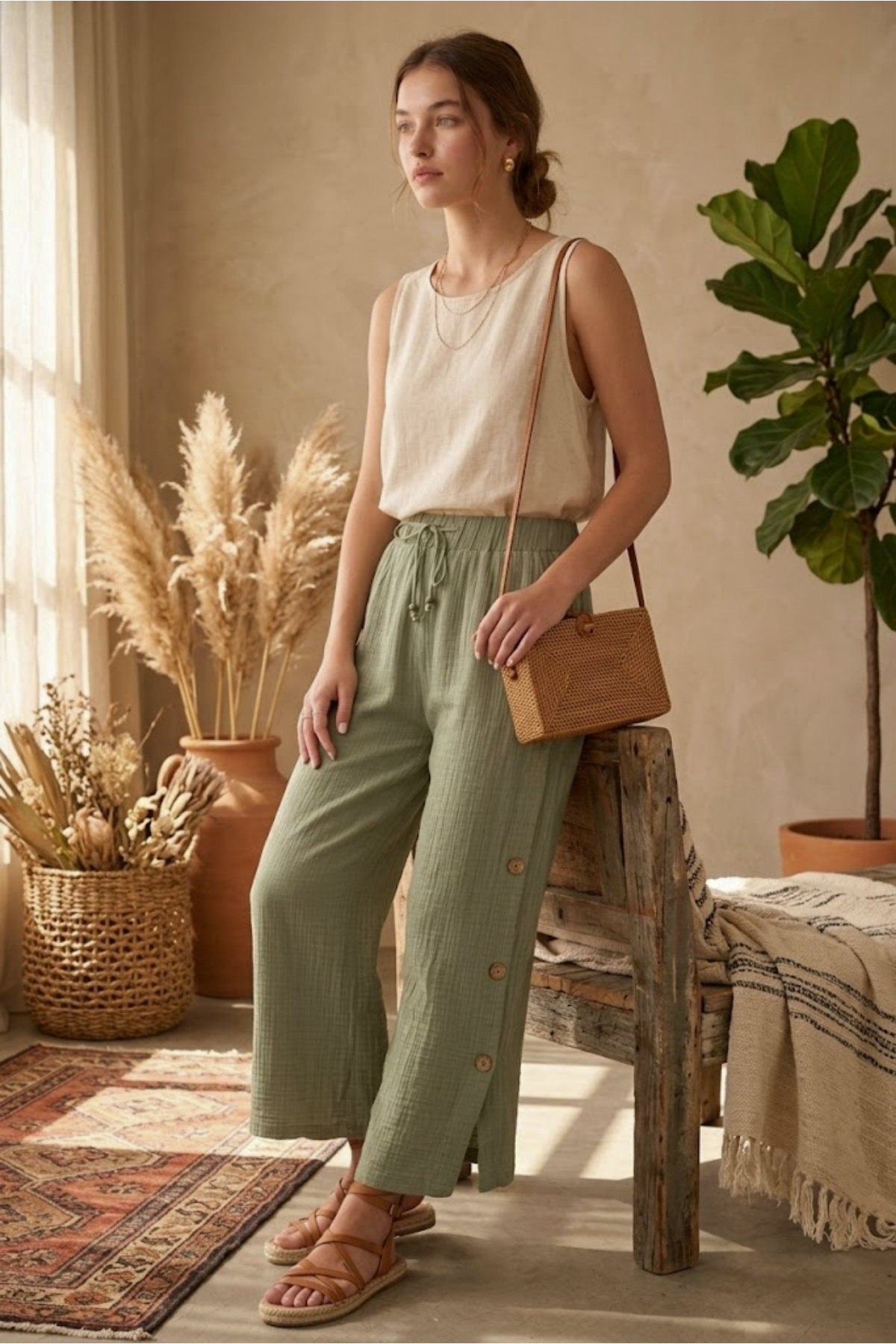 Muslin Pants, Comfortable Wide Cut Wide Leg High Waist Pants Mint Green