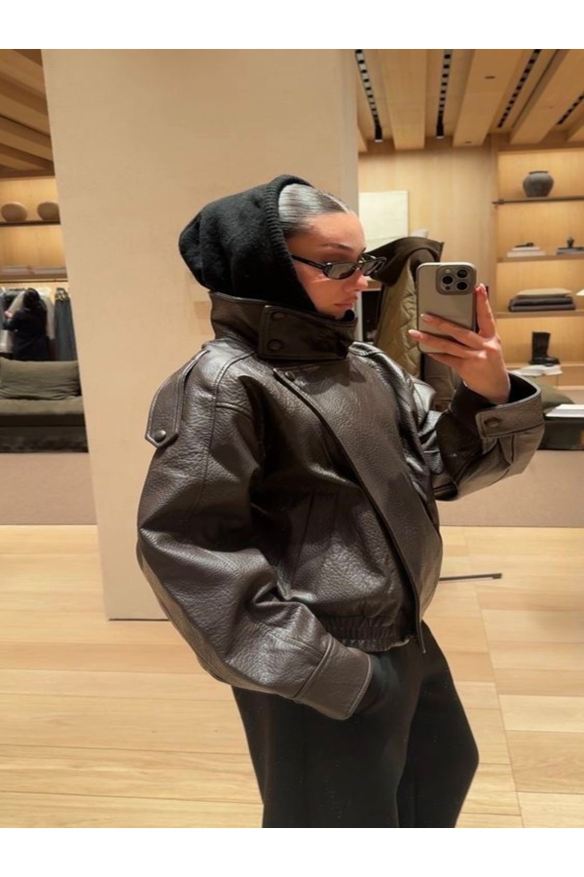 piel island YSL & ZRA Dik Yaka Orjinal Desen Yumuşak Oversize Deri Ceket görsel 8